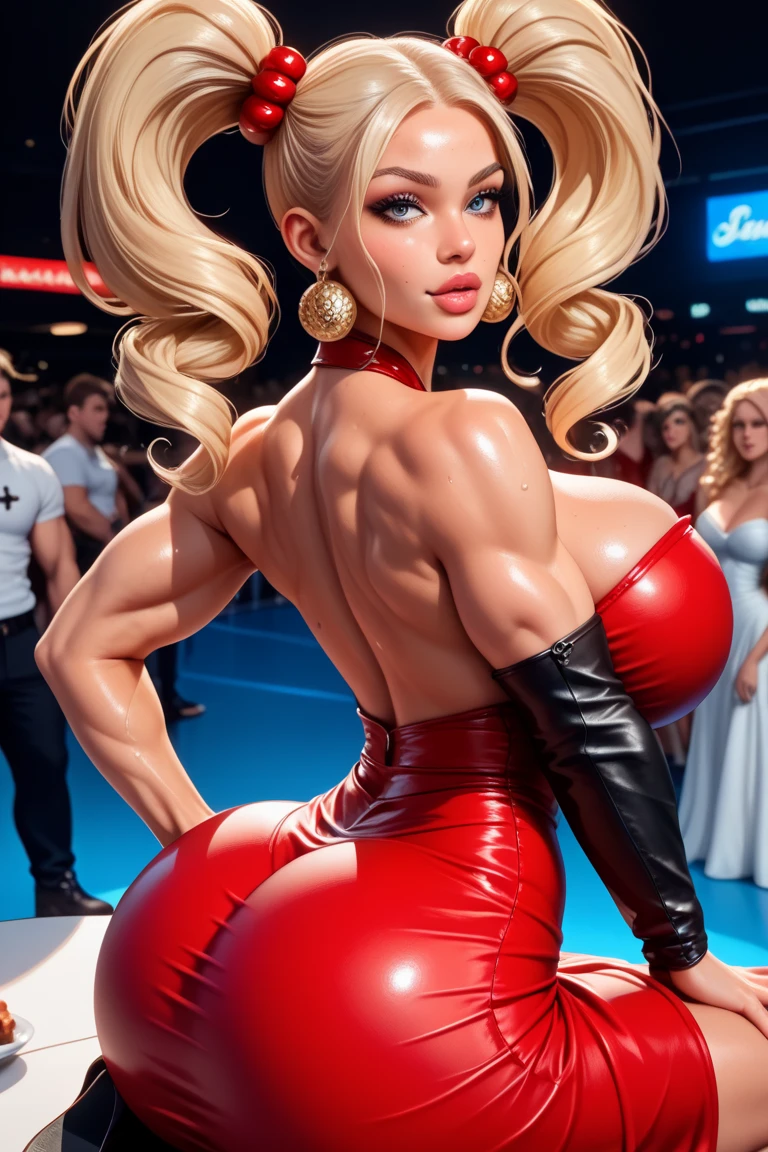 (Busty muscular brute cute Lady Gaga), huge strong biceps volume, huge firm breasts volume, enormous tits volume, strong tonned exposed abs, muscular strong legs, bodybuilder muscles bursting in strength, long wavy curly hair, exposed abs skin, city destruction fire background, tight superheroine underwear and cape