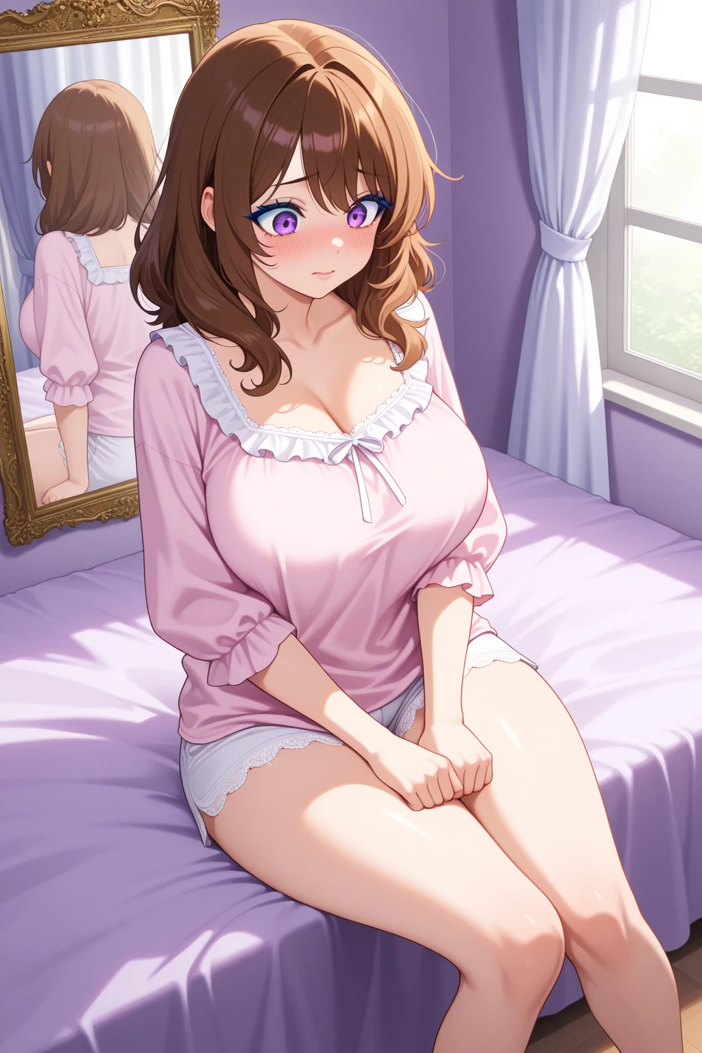 The girl is lying on the bed, in a nightgown, Busty