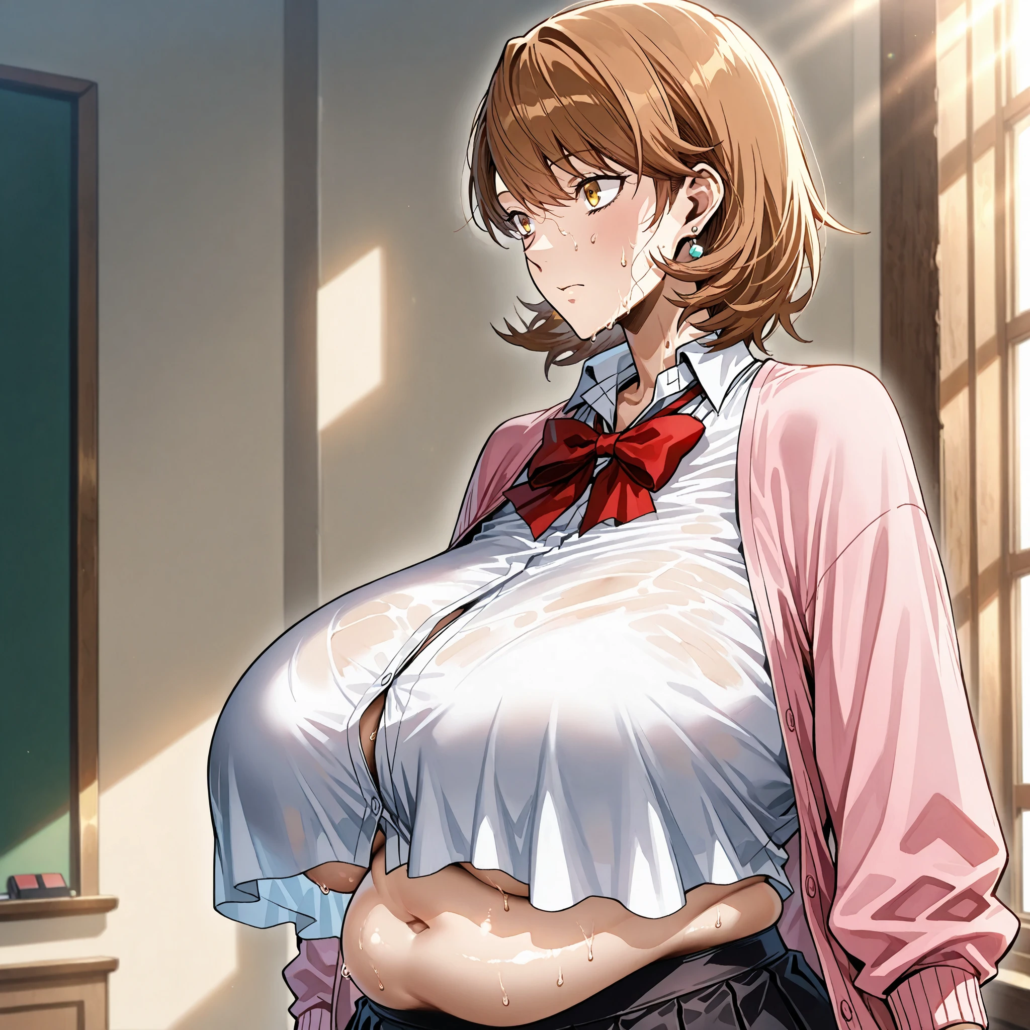 sfw, (yukari from person 3) takeba yukari, 1girl, Alone, short hair, bangs, brown hair(yukari hair, brown hair) (detail yukari face) ,yukaridef, gekkoukan high school uniform, open pink cardigan, red bow, long sleeves rolled up, black skirt, earrings, white chokerBest Quality, High Resolution, 1girl in,( from the side) () Details breasts, Detail pose Detail Face, detail clothes fit, 1girl in, , (()), , (hot and heat emotions, sweat on her face) ( stretched clothes) (heavy saggy breasts) (belly peek) (shirt turned into crop top) (croptop overhang)(covered breasts), (quiet embarrassment emotions), (breast overhang), , () sunlight shafts , perfect lighting, cinematic composition, highly detailed, Photorealistic, 8K, best quality , hyperrealisim , (), hyper breasts