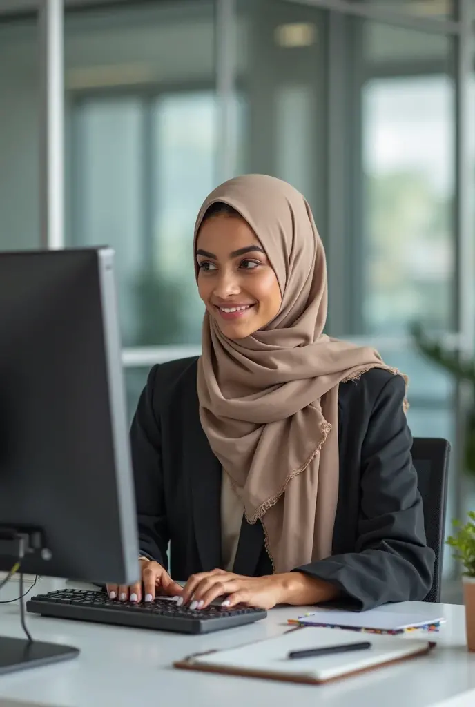 (photorealism:1.2), beautiful woman, sitting on chair hijab girl in a very cute and use laptop and real girl pic an business girl  face hide hijab girl