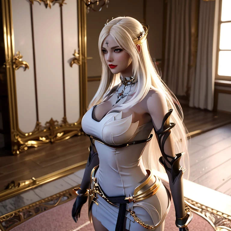 ultra detailed 8k cg, ultra realitsic, masterpiece, spotlight, royal palace, cinematic lighting, cinematic bloom, professional photography, absurdly long hair, very long hair, white hair, divine goddess, huge breasts, breasts out, queen, gorgeous female, lace, lace trim, lace-trimmed legwear, thighhighs, elbow gloves, pearl necklace, gold, jewelry, shiny, glint, diamonds, looking at viewer, serious, formal, epic, grand curtains, indoors