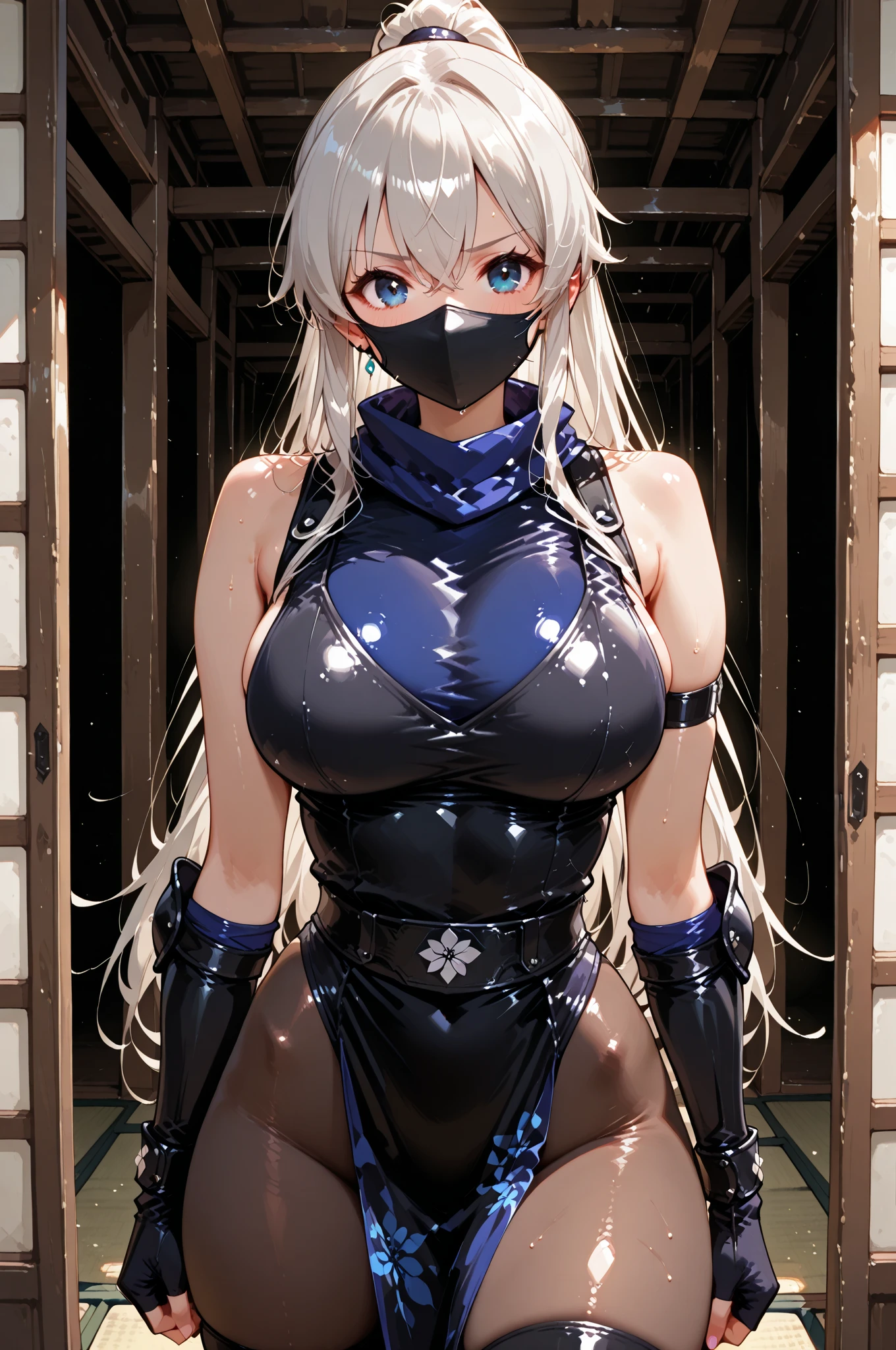 (absurdres, 8k, 4k, masterpiece, hyper extreme detailed:1.2), solo, 1girl, front view, portrait, best quality, perfect face, 1girl, portrait, solo, standing, Female, toned body, mature female, EJP breasts, , long hair,  delinquent, sarcastic,   swept bangs, midriff,  exposed collarbone, exposed left shoulder, standing up,  half body, shorts,  bound, bondage, (arms behind back:1.4), bdsm, tape gag, tape, tape bondage, restrained, tape wrapped, wrap gag, bondage, taped wrists, taped breasts, taped mouth, taped elbows, taped forearms