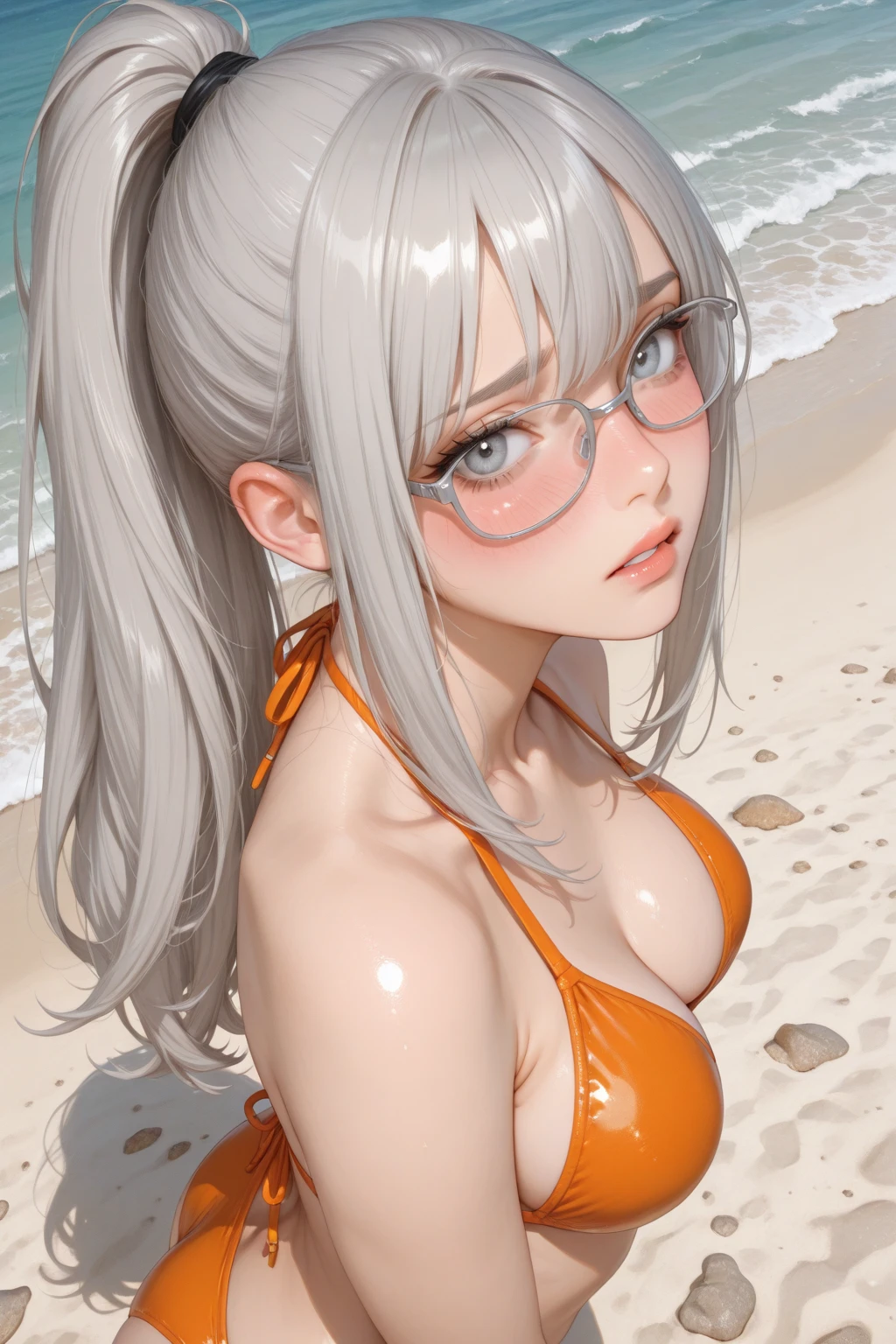 Top quality 8K UHD、glasses、wet silver metallic swimsuit、wet silver swimsuit、wet silver metallic swimsuit、wet silver metallic school swimsuit、short hair、glassesをかけた短髪の銀髪美女、muscular、sweaty、soaking wet、