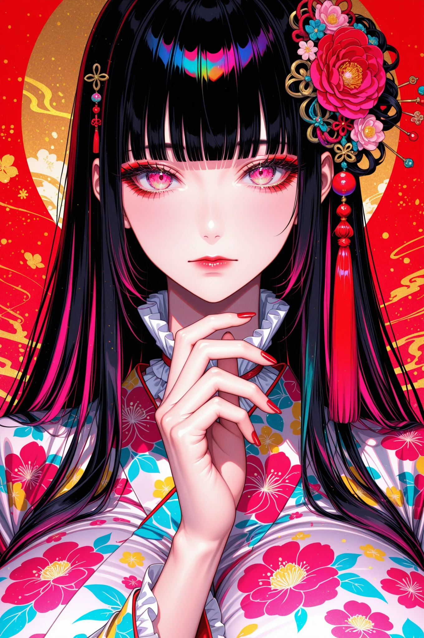woman, solo, red nails, looking at viewer, bangs, pink eyes, long hair, black hair, hair ornament, hand up, flower, blunt bangs, closed mouth, tassel, ribbon, portrait, colorful, red background, frills, multicolored hair, upper body, floral yukata, gigantic breasts