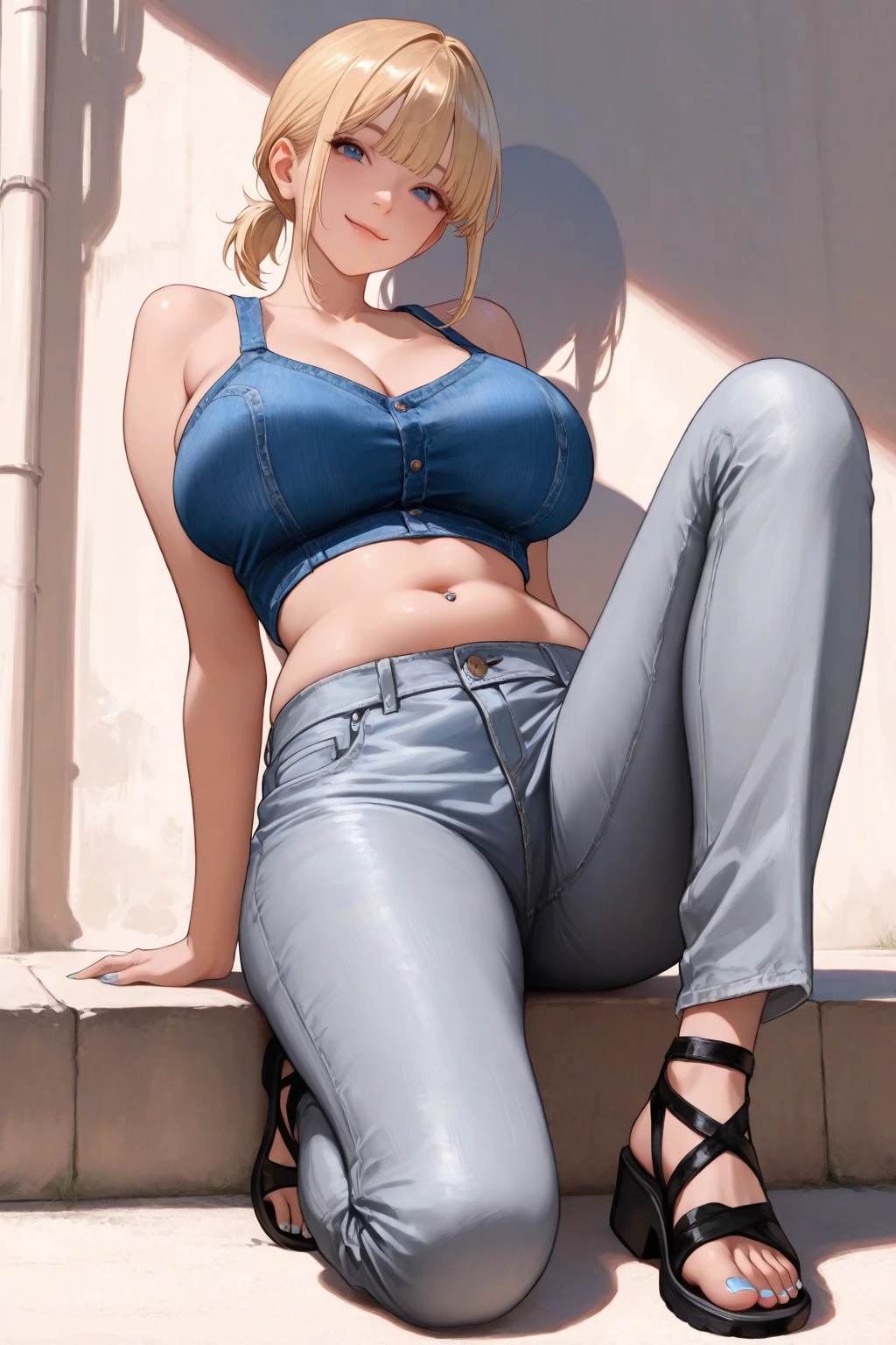 blonde woman, short hair low-cut blue tank top, short, tight denim shorts with the zipper open showing her panties, squatting