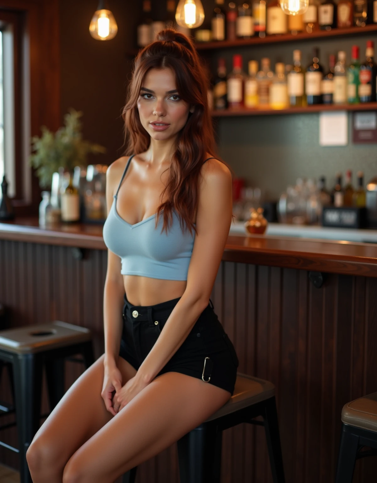 Red-haired girl, long hair, blue eyes, wearing denim shorts and low-cut top, in bologna, in the pub,
colored lights, photo mapping, radiosity, basic rendering, cinematic lighting, intricate, high detail, sharp focus, dramatic, photorealistic