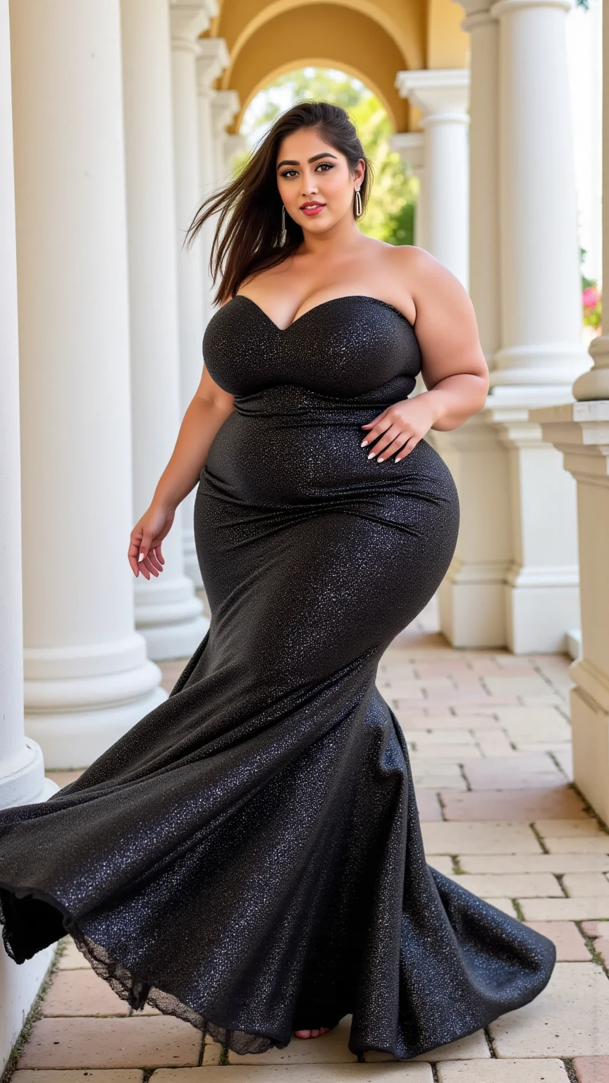 DisneyAurora 27 years old, full body shot, Beautiful woman (((shoulder length wavy brunette hair))) (bangs:1.2) (purple dress, long skirt) (purple eyes) defined body, Red lipstick, smiling, hands free, standing, (huge_breasts:1.2) , palace courtyard, night, (curvy:1.2)