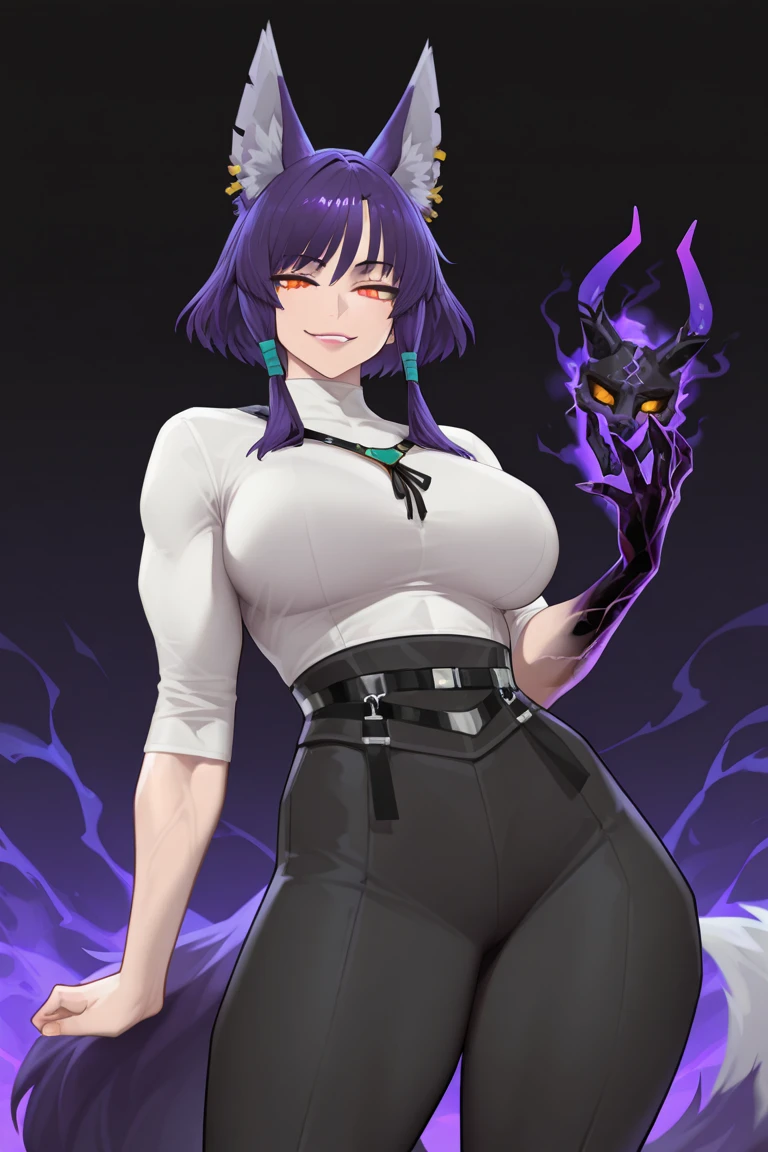(masterpiece), (absurdres), (1girl), (focus on breasts), (upper body), (solo), (facing viewer), (hands behind back), (atb), (cleavage), (skindentation), (sexy), and (cute) (short) (dragon girl) with (large silver horns with purple lines), (black hair), (red eyes), an (enormous black tail), (slim figure), (huge breasts), (bursting breasts), (wide hips), and (incredibly thin waist) wearing a (black sleeveless trench coat with purple lines), (red crop top), (purple belts crossing her bust in an x), (black shorts with purple lines), (long purple gloves), (red stockings), and (black boots with purple lines)