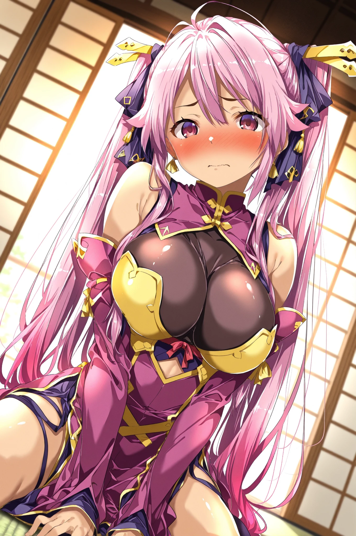 (((top-quality))),(((masterpiece))),(((detaileds))),(nsfw),(((high resolution))),(((Beautiful and Aesthetic Work: 1.5))),(Ultra High Resolution), (Ultra Detail),(((Detailed background))),megami magazine,fine art,Sharp focus,Delicate and beautiful hair and eyes and face,realisticlying,orgasm,saliva,saliva trail,beautiful face,expression of ecstasy,pink hair,red eyes,ahegao, blush, sweat, open mouth, rolling eyes, tears,Clear white skin,gigantic breasts,revealing negligee,Shinto shrine,New Year's Haori Costume,faux fur shawl,Hatsumode hairstyle,hair arrangement,show off breasts,spread pussy,pusy juce,Putting a Kadomatsu in a Vaginal Hole