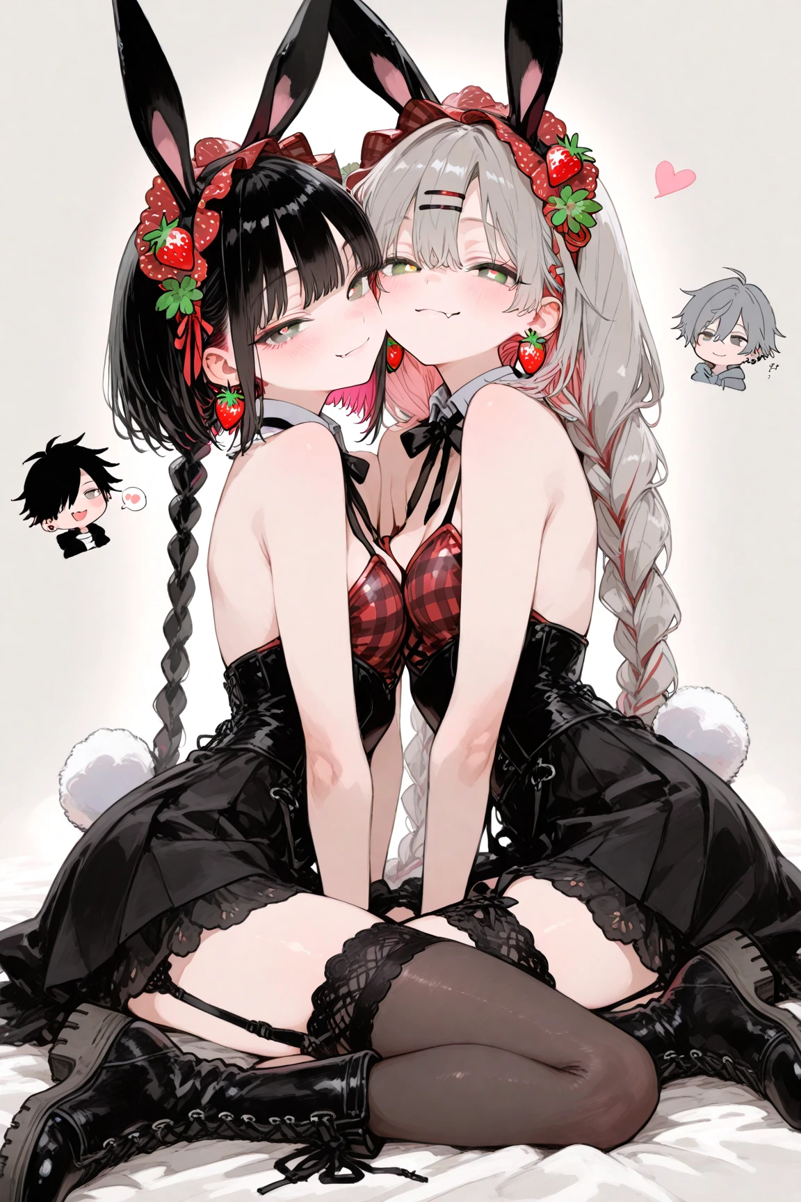 wet white hair cat ears a crown black glasses pink eyes extremely blushing you have put on a bra you are holding the cat&#39;s tail you are wearing red underwear a cat&#39;s tail with red stockings in your room lying on your bed