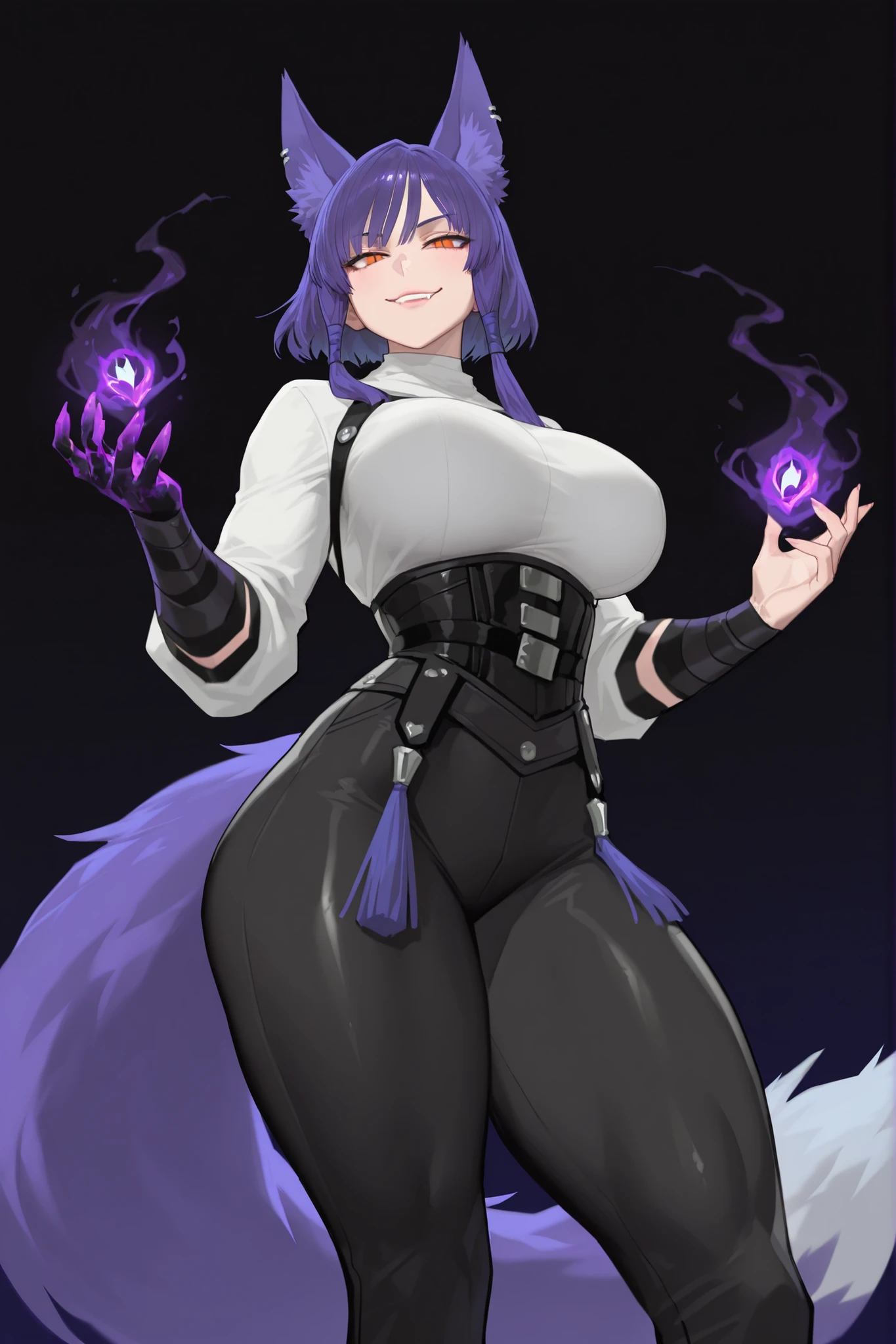 gorgeous kitsune girl, dnd character, beautiful face, kitsune, hair of ash-purple color, beautiful woman, orange eyes, slit pupils, volputrous body, toned woman, curvy and athletic, fox ears, short hair,white shirt, black buggy pants, dark corrupted hands, fox tail, sly smile, attractive proportions, defined athletic arms and legs, athletic lanky body, fox ears, calm dominant expression, hair tubes, half-closed eyes, large breasts, tall, huntress, masterpiece, ultra definition, simple dark  background