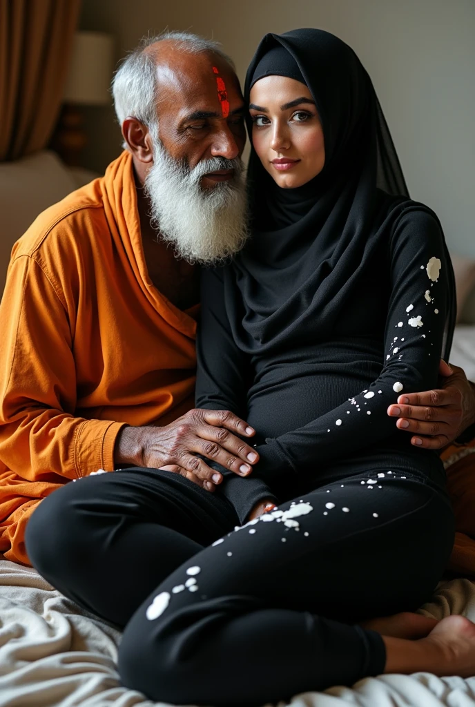 Young pregnant women, wearing black hijab saffron saree,old muscular Hindu pandit, kissing on the bed