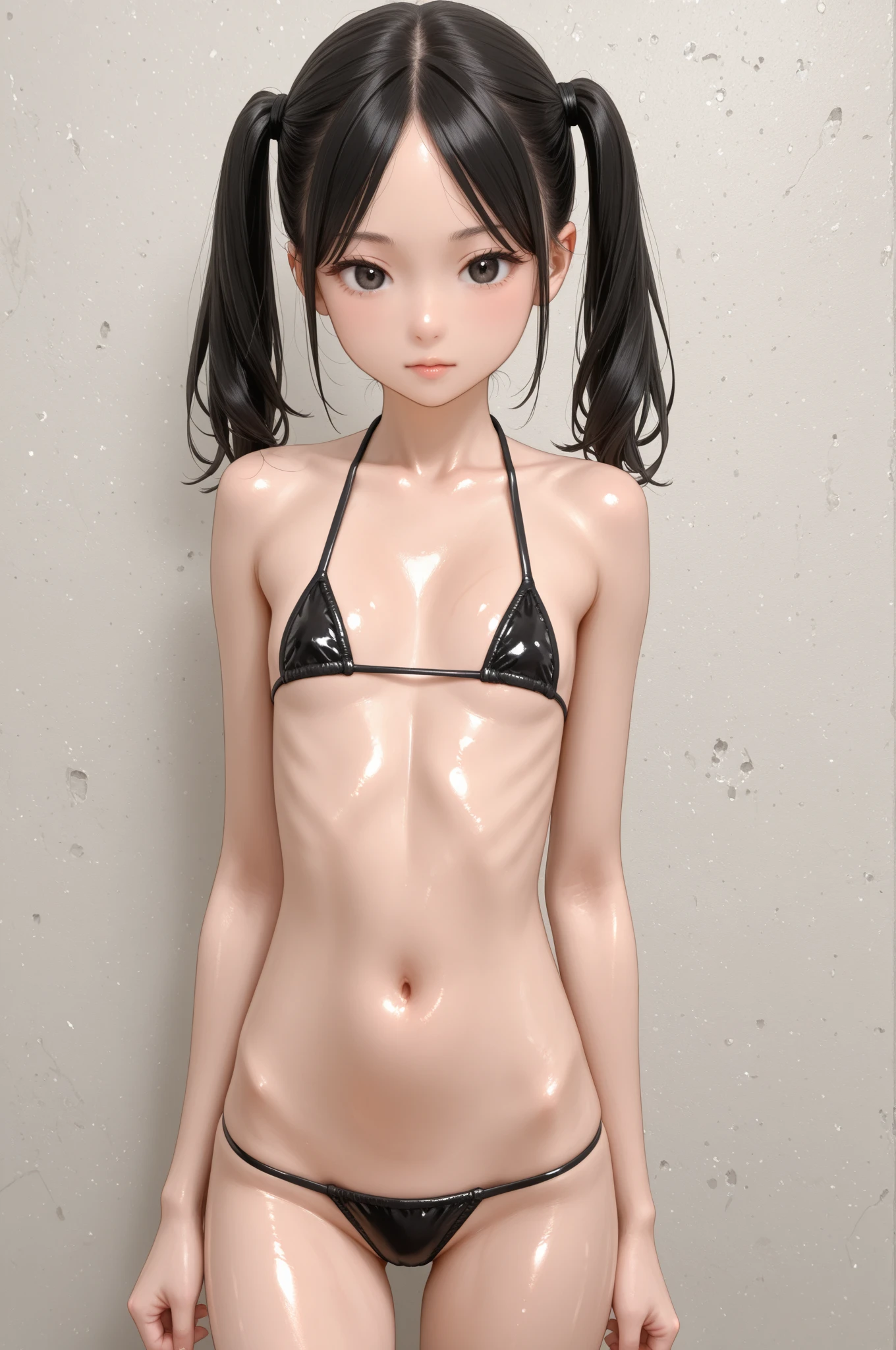 very young slender girl 14 years old, full height, Round face, (messy dark blue bob haircut:1.4), big yellow eyes, shy smile, perfect flat chest, Look at yourself, (ahoge:1.2), Megan, (clean scene:1.4), a strand of hair from the bangs hangs between the eyes, neat little snub nose, bare chest