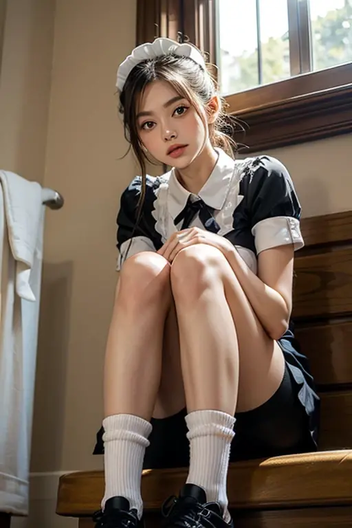 (8K, Raw photo, Best Quality, masutepiece:1.2), high-definition RAW color photography, professional photograpy, (Realistic, photographrealistic:1.37), ((Best Quality)), 20 year old woman, Cinematic Light, (finerly detailed face:1.2), (masutepiece:1.5), (Best Quality:1.2), (Mole:0.5), (Smiling:0.9), (Looking at Viewer:1.2), hugging own legs, Squatting, Wrinkled white panties, bowtie, (Detailed Maid:1.2)