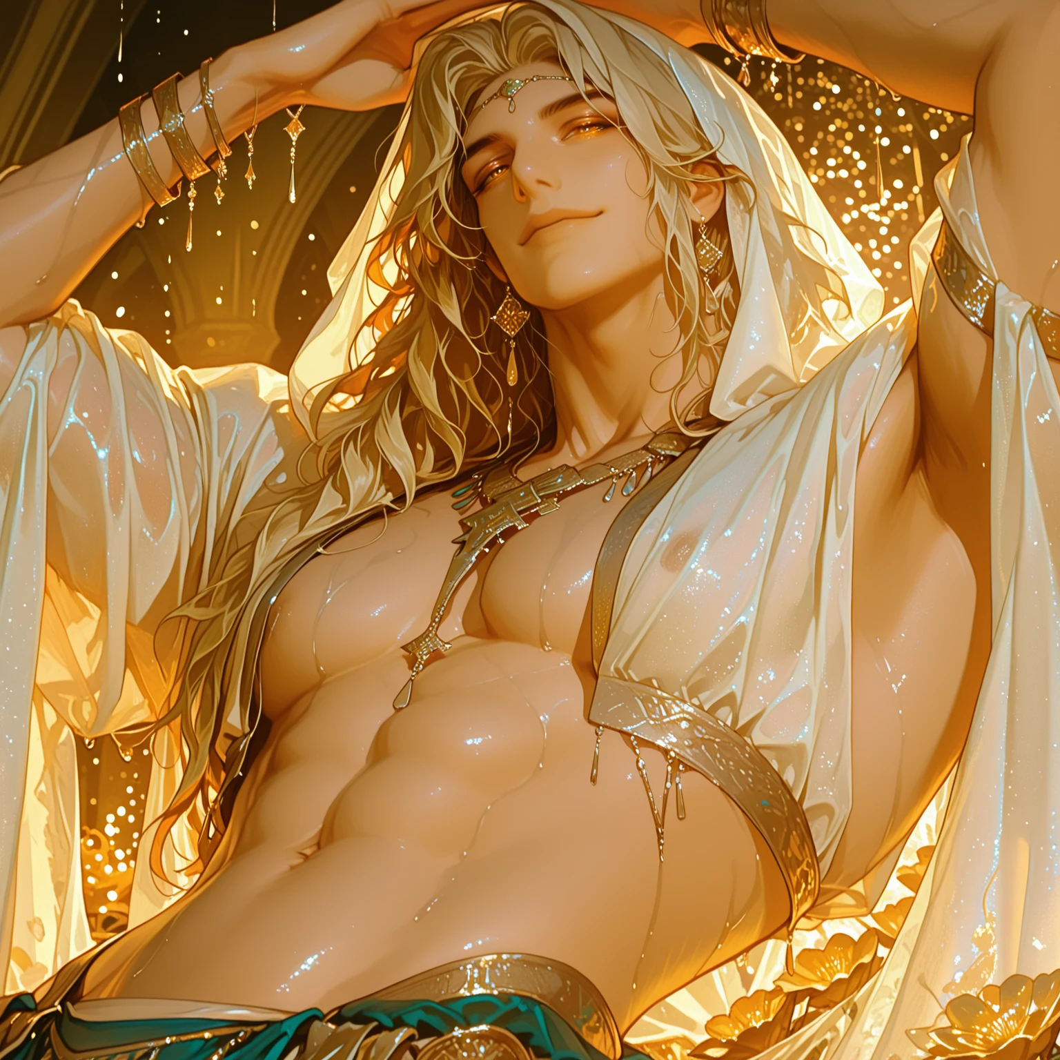 masterpiece, highest quality, (overwhelmingly pixel-perfect,), (perfect face:1.1), (high detail:1.1), dramatic, 1guy, (pale skin), gorgeous facial features, long white hair, white eyes, white eyebrows, solo, long hair, moon, night, white luxury suit, covered navel, pouty lips, covered, futuristic city, detailed background, art by artgerm and greg rutkowski,  cinematic lighting, roses, fashion