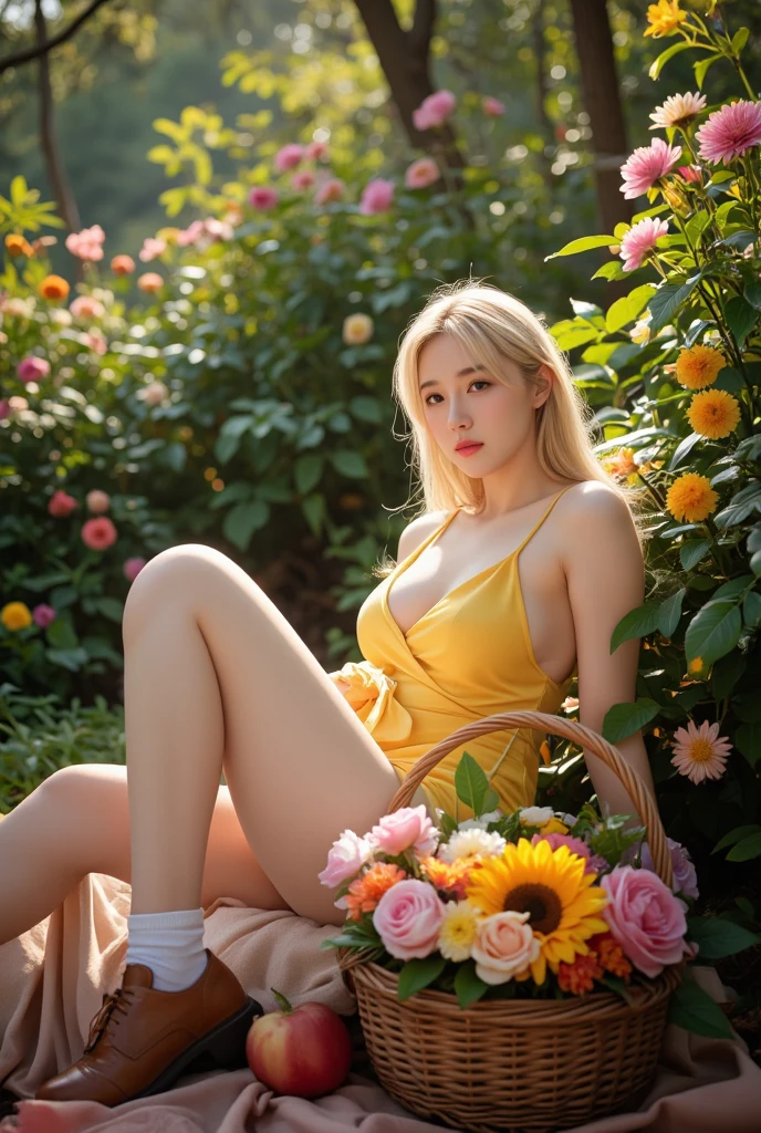 1girl, (Pink Eyes), smiling, (Sana Minatozaki), wide hips, Big Boobs, big ass, (Best Quality, 8k, Masterpiece: 1.3), Clear Focus: 1.2, Perfect Body Beauty: 1.4 , Slender Abs: 1.2, Highly detailed face and skin texture, detailed eyes, double eyelids, (blonde long hair), (yellow cleavage shirt), (raised skirt), (high heels), sitting open legs, (in a large garden), (background  house)