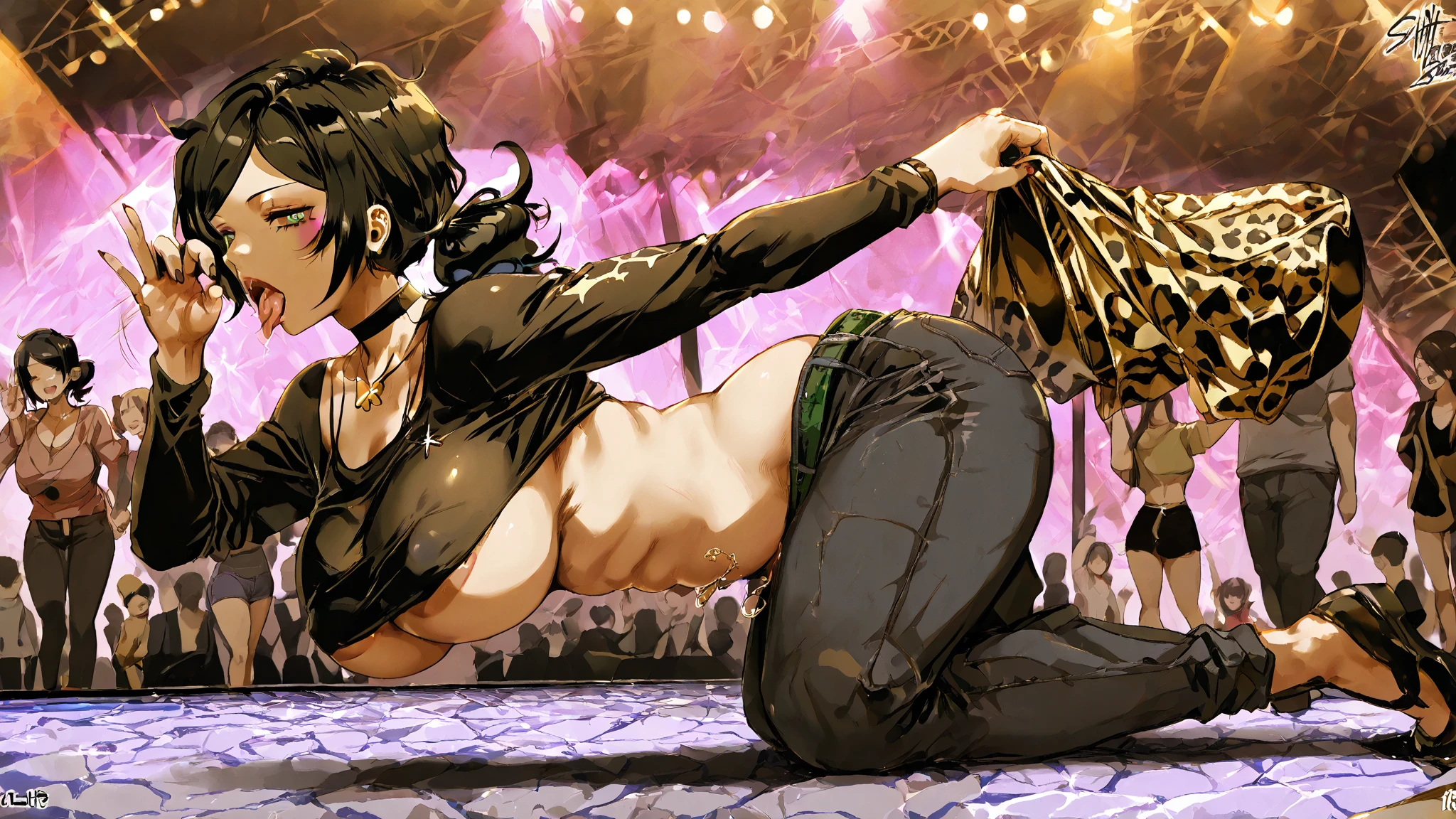 (masterpiece), (best quality), (beautiful eyes and face), (perfect female body), (shiny skin), 
looking at viewer, 
1girl, solo, sui-feng, black hair, short hair, short hair with long locks, grey eyes,
small breasts,
black kimono, sleeveless, white sash, black hakama skirt, (long skirt:1.2), 
smile, 
sitting, indian style, 
tatami, Japanese Clothing, full body, kneeling,(muscle 1.4),- Hip vents, No underwear,short hair, Small Breasts, No eyeballs, Also available in black, low twin braids,Facing the audience, looking at the audience, tired, from below, (Exposed armpit:1.1), ((armpit:1.2)), Sweating, More and more sweat,(ahegao), (Roll your eyes), open mouth, Sticking out tongue, saliva, Slobber,Skinny, raise arms, (arms above head:1.5), runny nose, drooling. 