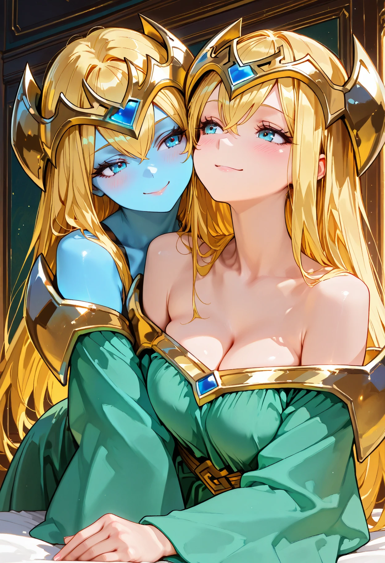 score_9, score_8_up, score_7_up, shaded BREAK 1futanari and 1girl, futanari Purah having sex with Zelda, white hair, blue eyes, white skin, thick black slave collar around neck, long hair, blonde hair, green eyes, white skin, long hair, v-shaped eyebrows, smug, looking at viewer, topless, bottomless, fully naked, fully nude, girl bouncing on futanari's lap, squirting liquid, penetration from behind, huge thick penis penetrating vagina from behind, sex scene, vagina spread by huge thick penis from behind girl, vagina leaking liquid, blushing, screaming from ecstasy, tongue out, eyes looking up in climax, hand squeezing breast, fingers squeezing breast, fingers pinching nipples, pulling nipple, bodies touching, large breasts, huge breasts, round full breasts, super thin waist, heart shaped hips, kissing, Purah's penis penetrating Zelda's vagina, Zelda straddling Purah while being penetrated, sexual intercourse, sensual scene, outdoors, sunset, balcony