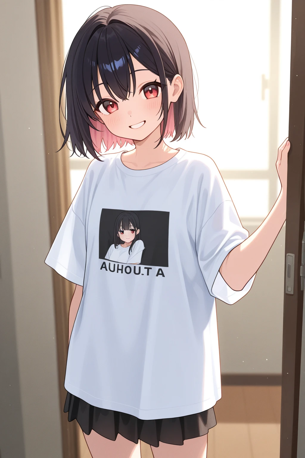 ((highest quality)), ((masterpiece)), (be familiar with: 1.4), award-winning concept art, beautiful, small details, Warm and soft color grading, written boundary depth, 非常にbe familiar withな CG Unity 8k 壁紙, wonderful, best illustration, lens 135mm, shiny, light reflection, clear, very elaborate, to be born, photo shoot, portrait,beautiful and aesthetic, 1 woman, full body, full body photo of woman, red big eyes, short hair, The inside of my hair is blue、two legs､realism, lively, The moment my lover caused a miracle, wonderful視覚的描写, professional effects, 13 years old, beautiful woman､ woman, beautiful nails, beautiful指、thin legs、supple legs,blush,Kawaii Panties、detailed panties、undressing,  pull、pulled by self, clothes pull, etc.