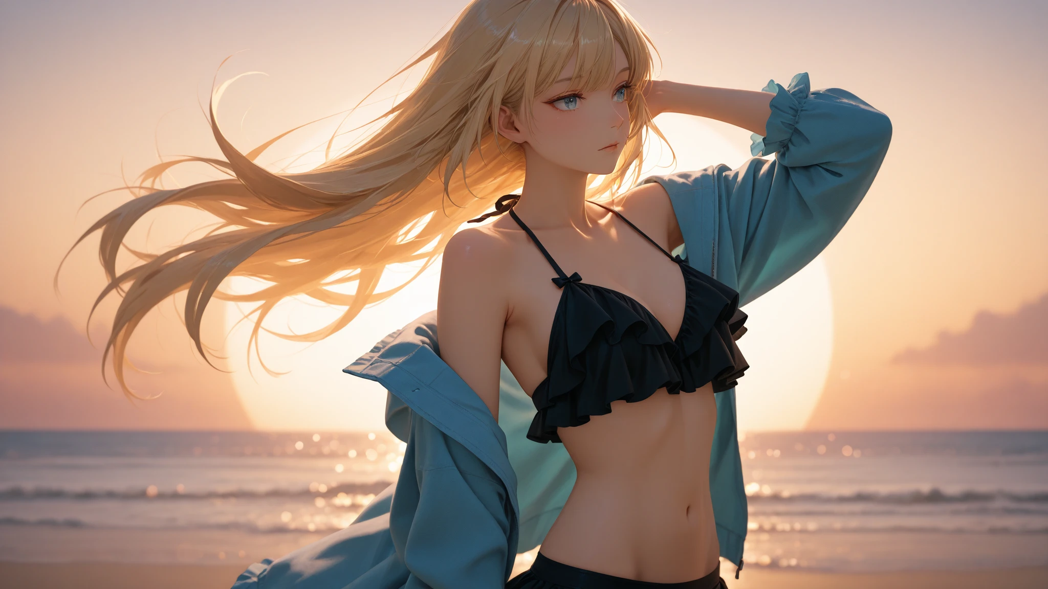 Ya Ott, 1 girl, alone, Krista Lenz, Smile, Hair between the eyes, Blue eyes, blond, Jacket, Medium long hair,underwear,underwear