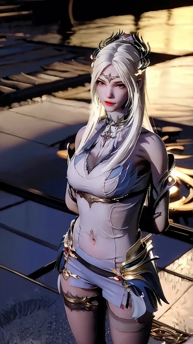 hydaelyn_tpa, 1girl, veil, white bodysuit, cape, closed eyes, looking to the side, eyelashes, white hair, pale skin, brown lipstick, crown, sitting, night, ocean, moonlight, split lighting, highly detailed, absurdres, masterpiece, <lora:Hydaelyn Kangaxx:0.7>