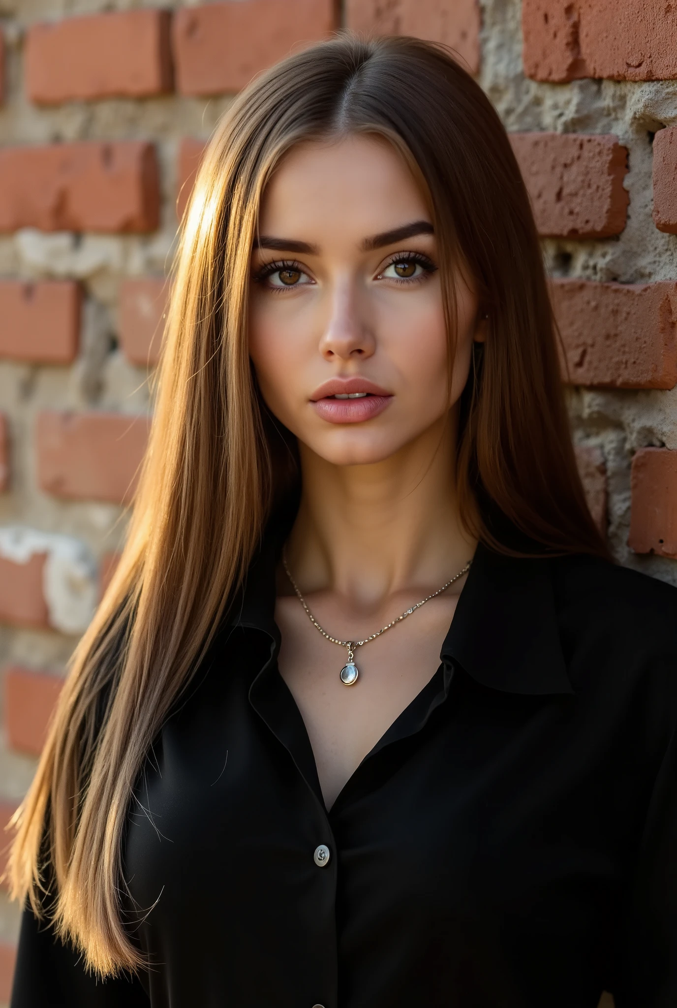 russian woman,brown eyes, straight long hair, against wall,brick wall,jewelry,lips,long hair,looking at viewer,necklace,pendant,photorealistic,realistic,black dress,black shirt,upper body,wall,daylight, sunshine