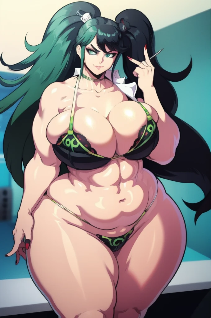 Standing picture、front、Super precise illustration、Super precise expression、masterpiece、highest quality、ultra High resolution、High resolution、black-green hair、long hair、green eyes、(sexy green lingerie:1.5)、(Ahegao:1.3)、(big breasts:1.5)、Sweat、body fluid、shiny skin、place your arms next to your hips、big thighs、mature woman、