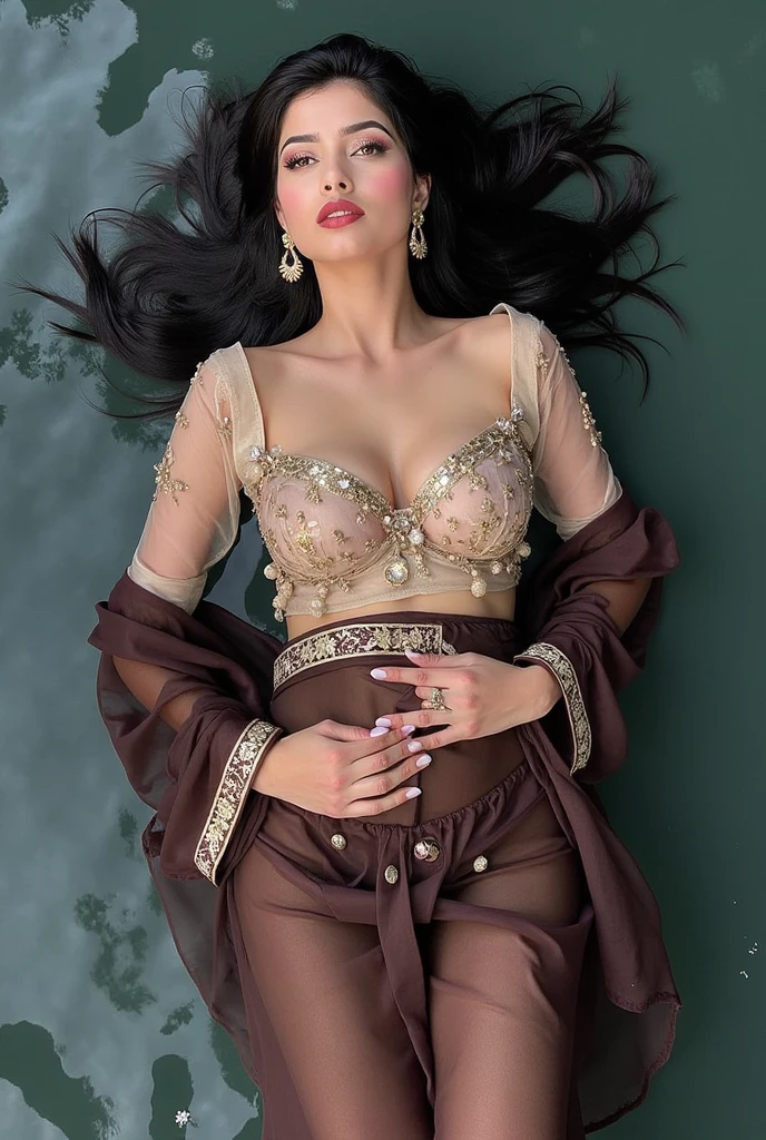 ultra realistic 8k cg, picture-perfect face, flawless, clean, masterpiece, professional artwork, famous artwork, cinematic lighting, cinematic bloom, perfect face, beautiful face, beautiful eyes, ((perfect female body, narrow waist)), white hair, red eyes, fair skin, gorgeous queen, royal, divine, goddess, godlike, (royal palace), fantasy, dreamlike, unreal, huge breasts, beautiful clothes, sari, lace, lace trim, lace-trimmed legwear, sfw, indian, absurdly long hair, very long hair, (rich:1.4), prestige, luxury, jewelry, intricate detail, delicate pattern, seductive, erotic, enchanting