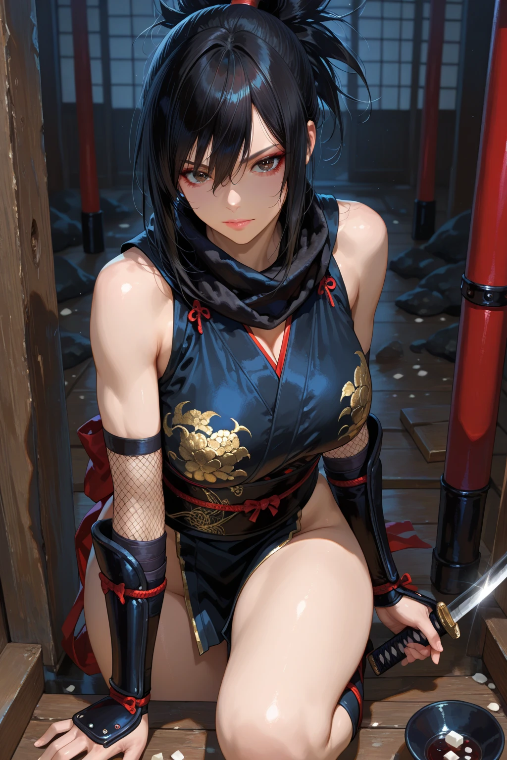 (best quality,4k,8k,highres,masterpiece:1.2),ultra-detailed,realistic,photorealistic:1.37,Kung Fu girl,Blade and Soul sexy pose,strong female character,confident expression,flowing black hair,exquisite facial features,fit and athletic body,striking pose,traditional Kung Fu outfit,graceful movements,sharp kicks and punches,meditative aura,intense focus,lightning-fast martial arts techniques,steely determination,powerful energy emanating from her,background set in beautiful ancient Chinese temple,blossoming cherry blossom trees,serene atmosphere,subtle lighting,soft diffused sunlight streaming through the windows,vibrant colors with rich hues of red, gold, and black,subtle smoky atmosphere,striking contrasts in light and shadow,alluring and mysterious presence,tension and anticipation in the air,authentic and accurate depiction of Chinese martial arts culture