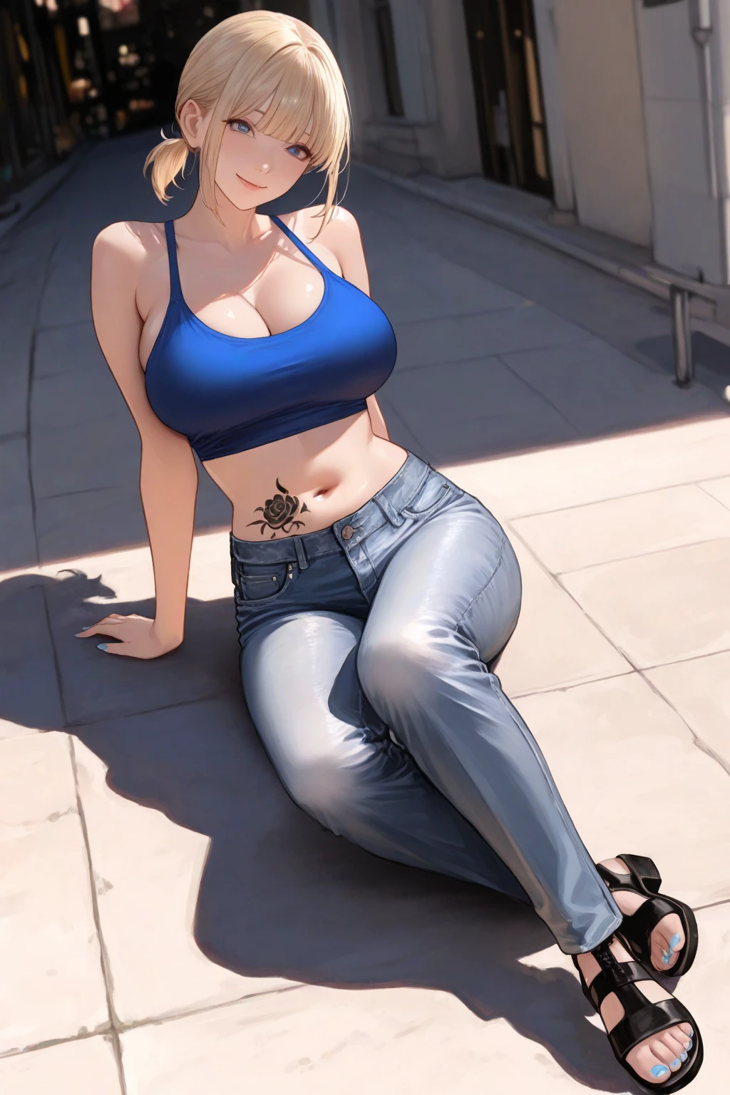 Araffe mujer con pantaletas azules posando para una foto, Cottagecore!! Cuerpo fitness, 18 years old, cintura delgada y caderas gruesas, pose casual, Llevar un sexy top recortado y escotado, camiseta azul ajustada y escotada, 19 year old girl, en un parque.