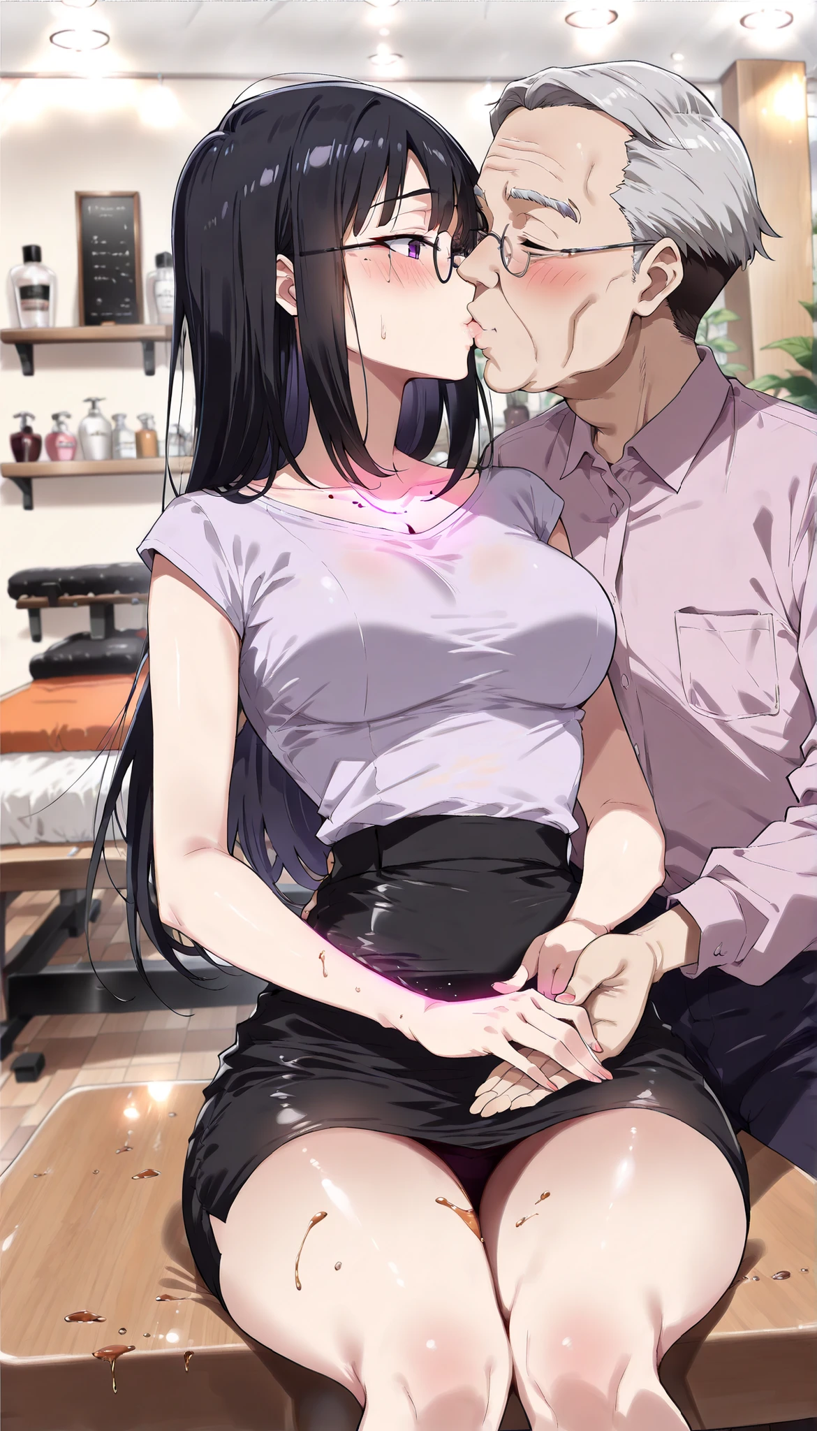 (masterpiece, best quality, high quality, highres, ultra-detailed,bishoujo game CG, visual novel style,sharp details,detailed painting \(medium\), ),
1girl,black hair,mature female,55yearsold,Wrinkles around the eyes,Mouth wrinkles,Loose waist,small breasts,updo,navy blue eyes,red lips,pure,chaste,virtuous,modest,gentle smile,completely nude,(tareme:1.5),curvy,saggy breasts,(pubic hair,:1.3),belly roll,eyeshadow,seductive smile,
BREAK
love hotel,on bed,adultery,Middle-age spread,(breast sucking,sucking_nipples, :1.2),
BREAK
(mature female and man,having sex,nsfw,couple,hetero,pussy,penis,pussy juice,nsfw:1.5),(abored breathing,ragged breathing,very sweaty,sweat,:1.1),
(Sweat-dampened and slightly disheveled hair peeking from the temples and nape,sweaty),(hair is stuck to body with sweat,:1.1),cum in pussy,large penis,(Motion blur on intense hip movement,Moving Angle,motion blur,motion lines :1.3),