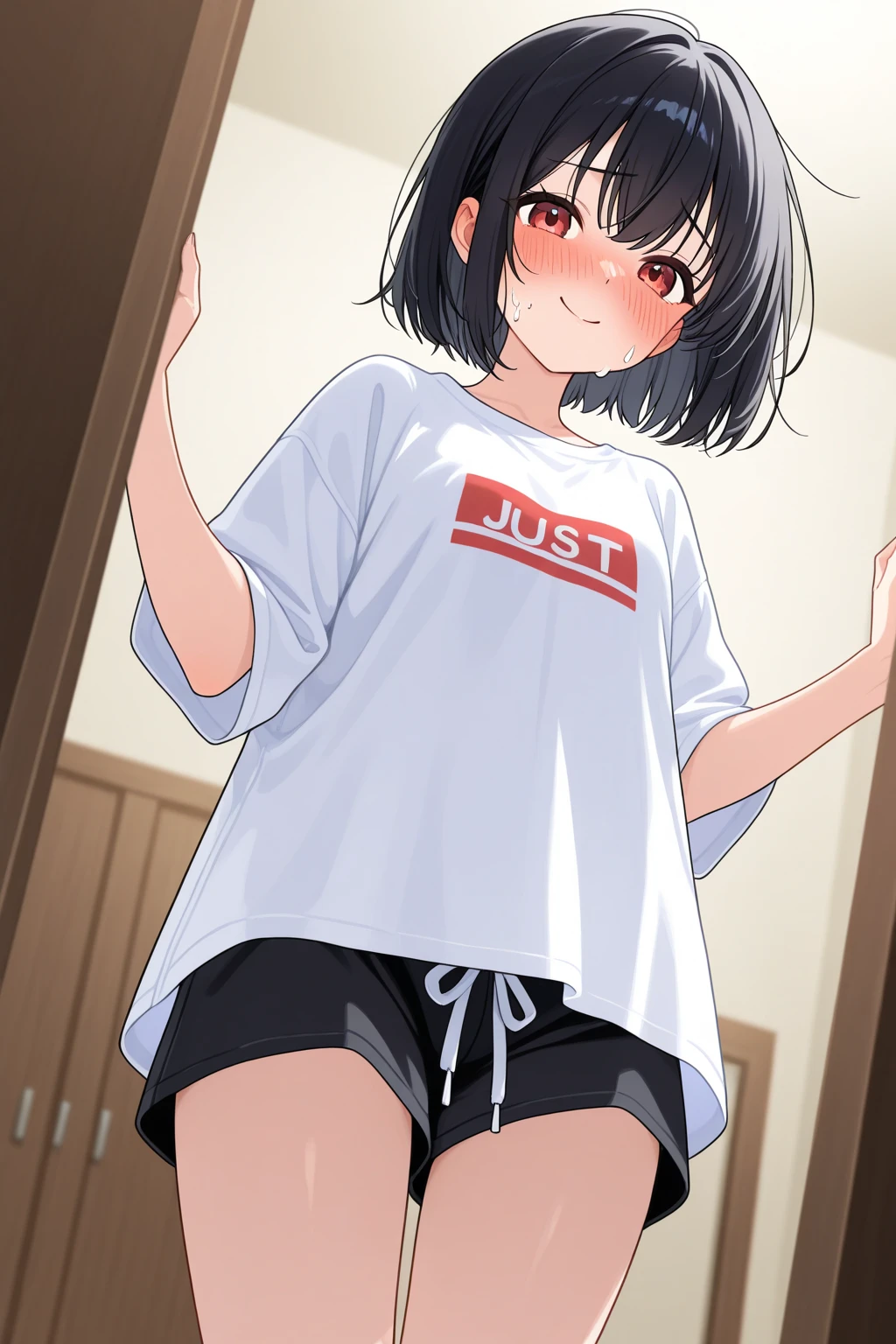 体育倉庫室で青い長袖tracksuit in schoolを脱ぐExpose狂の女, blush, ((Expose, shame, , underwear, transformation))
