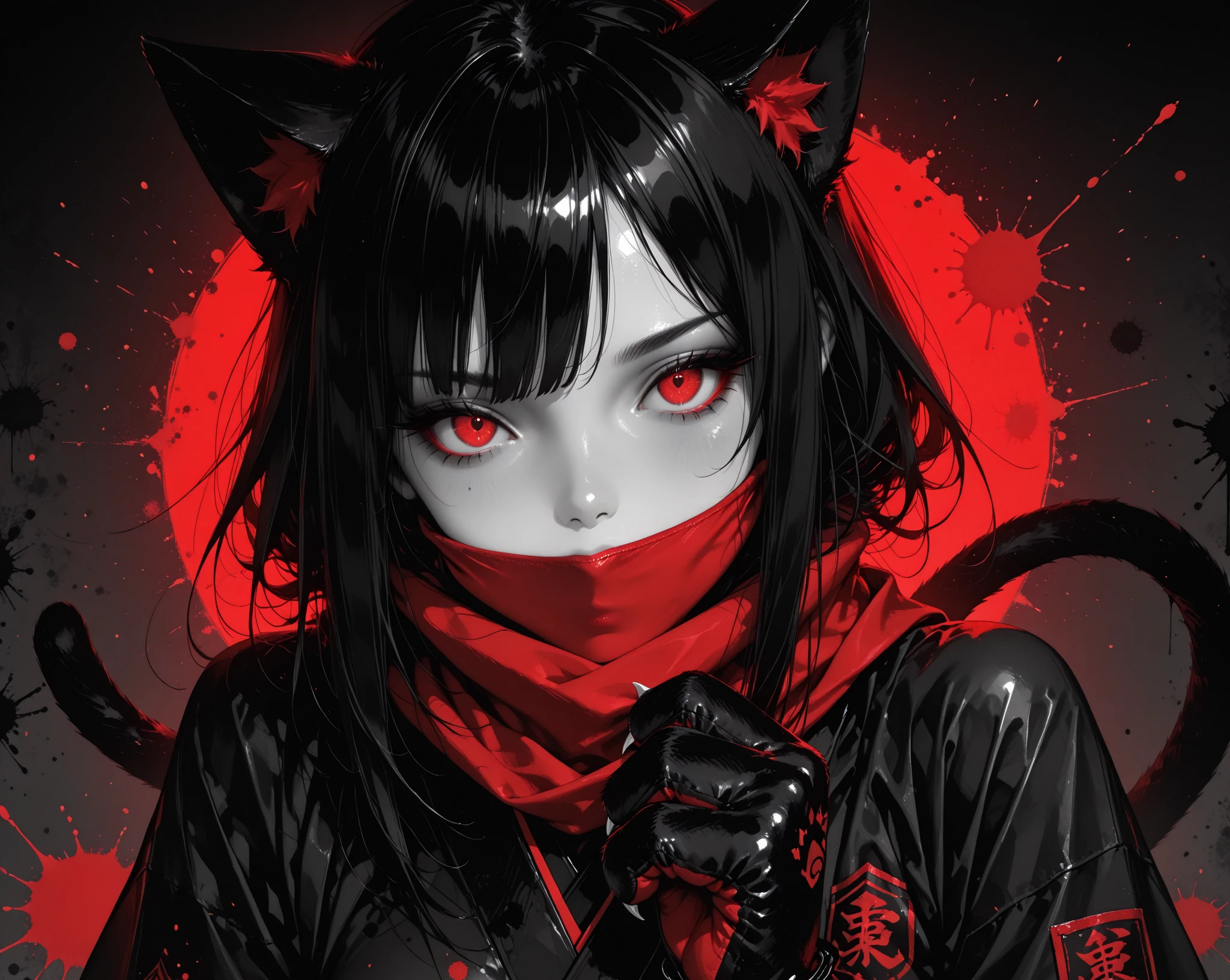 (shushing:1.1), evil, evil eyes, animal ears, long hair, red lips, (blood on face:0.8), red eyes, looking at viewer, portrait, facing viewer, fractal art,ink wash painting art style, monochrome, masterpiece, best quality, <lora:extremely_detailed:1>, ananmo, <lora:MO-80-2:0.8>