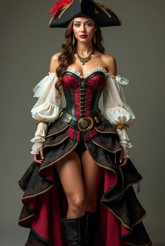 1 gorgeous european woman, light brunette straight hair, {blue | green | grey} eyes, she's a men magazine model, flirts with camera, seducing smile, fancy makeup, heavy eye makeup, red lipstick, ((detailed and sexy steampunk costume, red Santa dress)), ((black openwork stockings with complex intricate patterns and wide lace top)), garter belts, leather accessories, black thigh boots with stiletto heels, long frilly skirt, pose seductive, full body shot, cleavage, Christmas tree, in a snowy garden by a starry night (sitting on floor), ultra sexy, (Best Quality, 16K, Masterpiece, UHD, Ultra quality cinematic lighting, Huge detail, Well lit, 35mm, sharp, hyper realistic, epic scale, insane level of details, beautiful detailed woman, very detailed eyes and face, beautiful detailed eyes, ultra detailed skin, realistic skin)