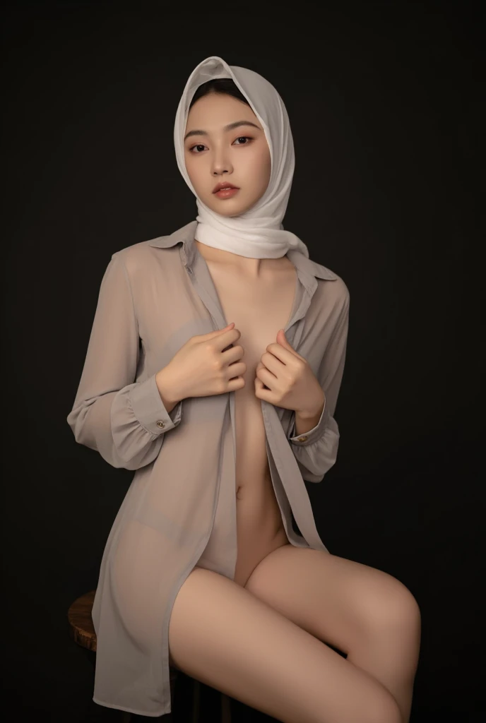 Best quality, masterpiece, ultra high res, (photorealistic:1.4), raw photo, 1girl, off shoulder, cinematic lighting, naked, small tits, oil skin, hijab pashmina, open legs, open pussy