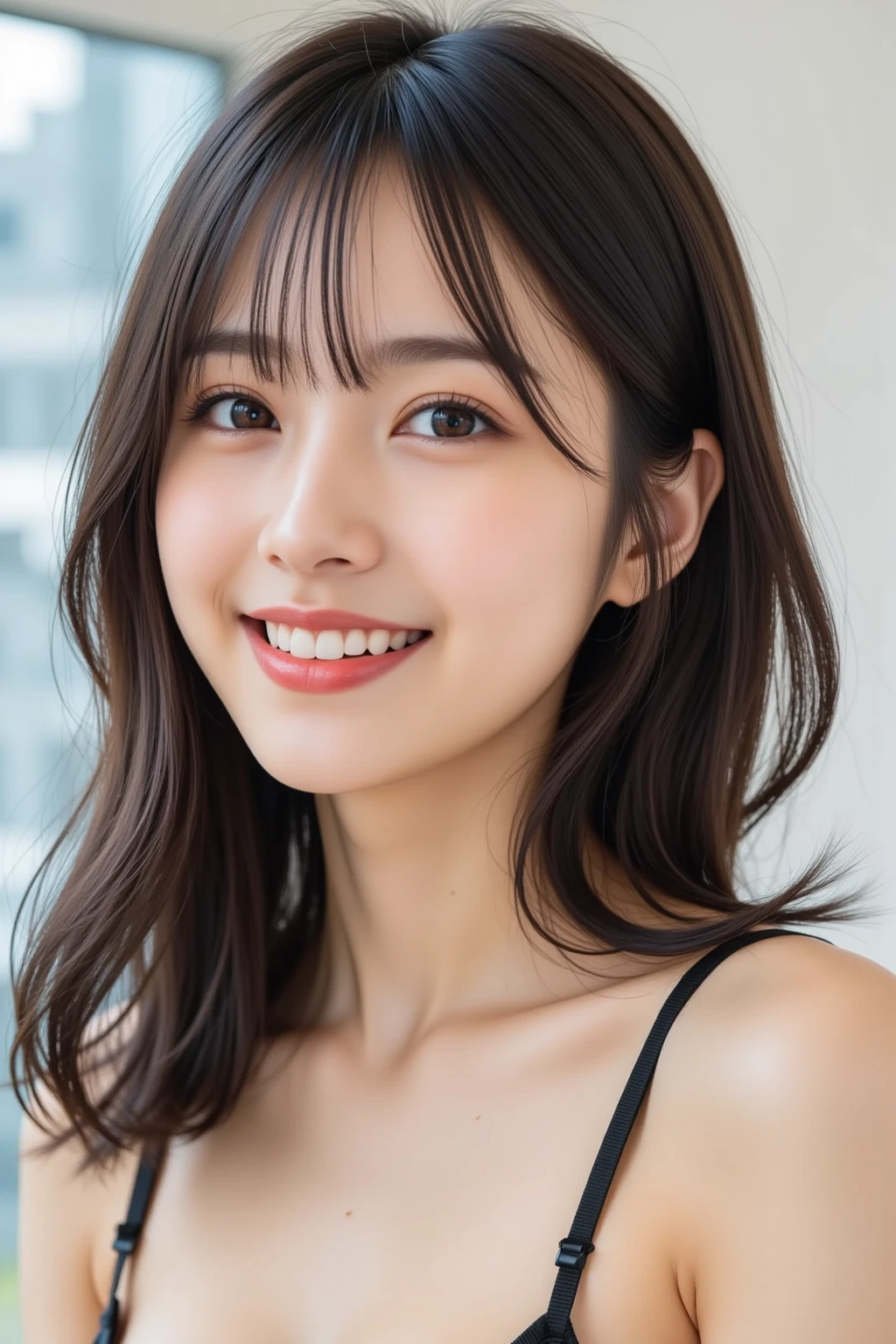 masterpiece,best quality,(Japanese ),((Beautiful girl)),cleavage,indoor,(perfect body beauty:1.2),(shy smile),beautiful teeth,