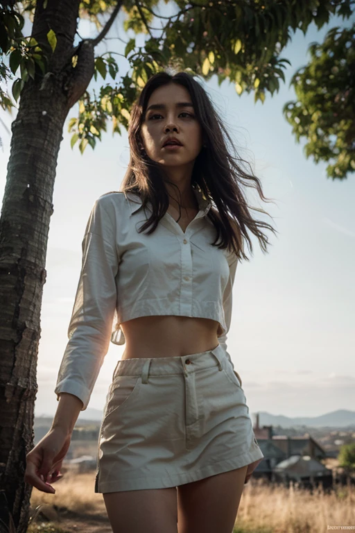 Kim Ji-ni Jennie face, wearing a rabbit headband, wearing a slim white shirt, a short motorcycle vest, tight shorts, gloves, background gray wall, strong contrast, sunlight on the face