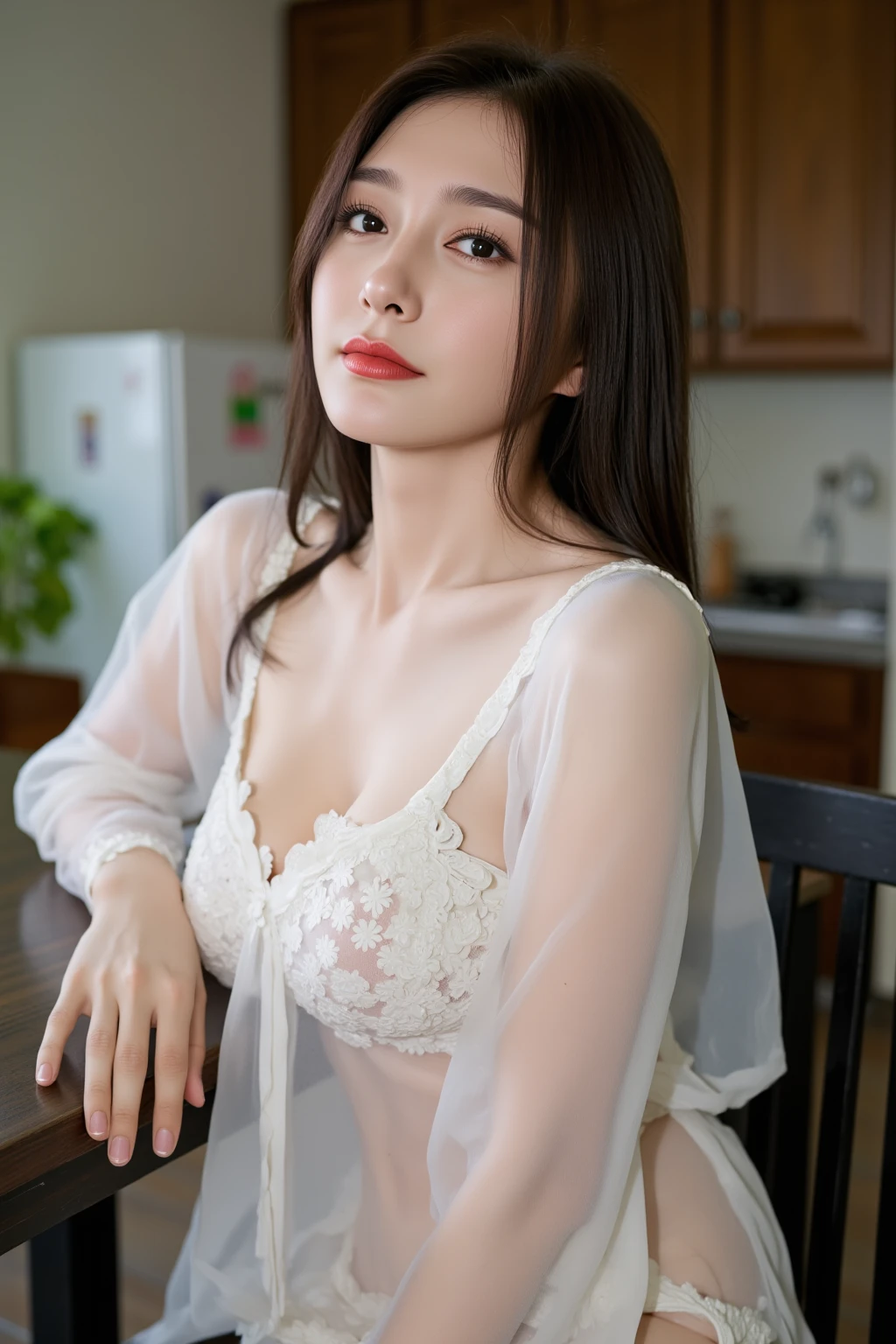 Fashion model 18 years old， [[[[Close-up cleavage]]]], [[[[rapeseed]]]], [[[[bshoulder]]]], perfect  eyes, Perfect iris，perfect lips，perfect teeth，Perfect Skin，with fair skin，HighDynamicRange，Movie Girl，(delicated face)，(Highly defined faces)，(((Pure white antique style casual underwear)))，(((Metamorphosis exposed)))，(((lace underwear big breasts)))，（(((Ancient Chinese bedroom in the background)))，(((sit on a bed)))，((legs separated))，(green trees outside the window，flowers blooming)，((A smile of excitement and satisfaction on his face))，((Sexy and charming expression))，((looking at viewert))，4K Ultra HD, 超高分辨率, (realistically: 1.4), Best quality at best，tmasterpiece，（pastel colour：1.2）