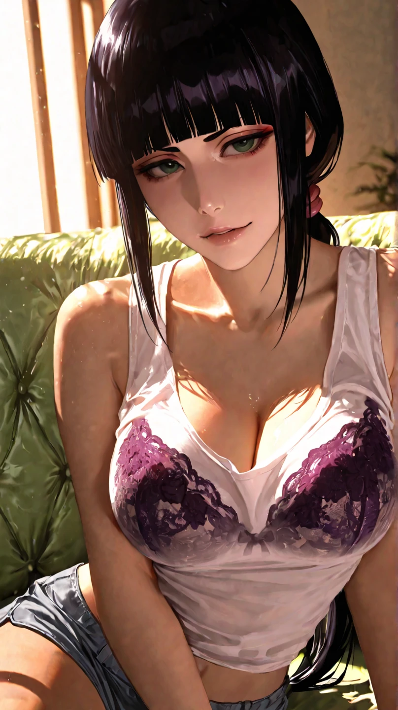 masterpiece, absurdres, hinata\(boruto\), 1girl, solo,mature female, string bra paired with g-string, looking at viewer, (falling petals), perfect composition, detailed lips, voluptuous, beautiful face, body propotion, blush, (pink lips), long hair,  purple eyes,  soft gaze,  super realistic, detailed, photoshoot, realistic face and body