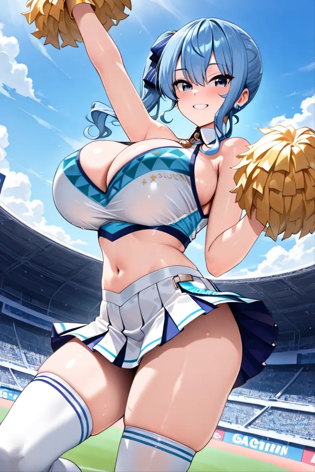 An anime girl with huge breasts posing in a stadium