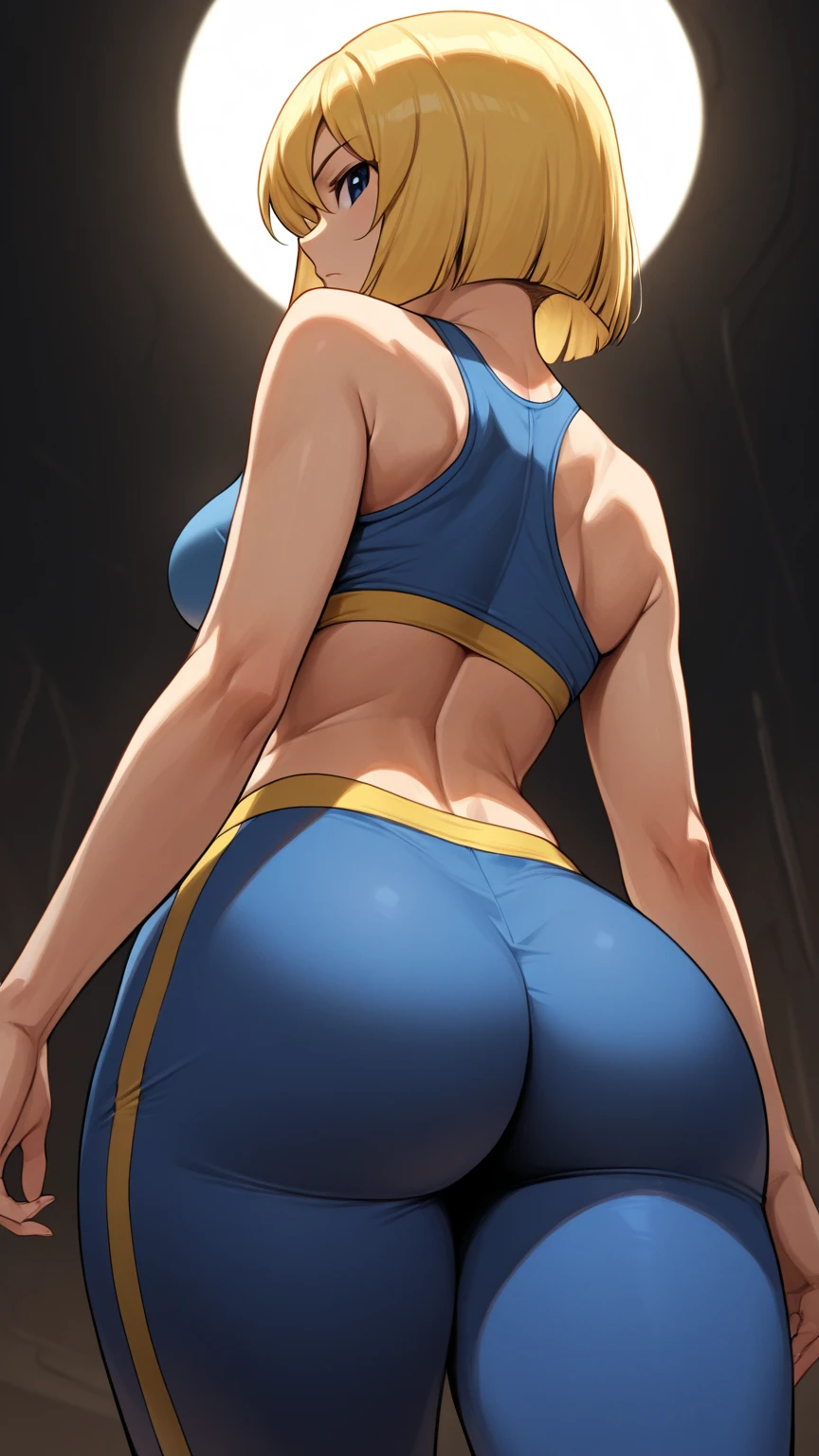 NSFW　(Highest quality:1.5, High resolution, 超High resolution, 4K, Detailed lighting, Shaders)(Beautiful details:1.6)(Artoria Pendragon), alone　　（Swimsuit）＋＋　　short hair,ponytail　 Parody, Blue choker,　Beautiful Abs　 Beautiful arm muscles　((Are standing))　　Realistic swimming pool　Angle from below　　Cool look　Beautiful ass