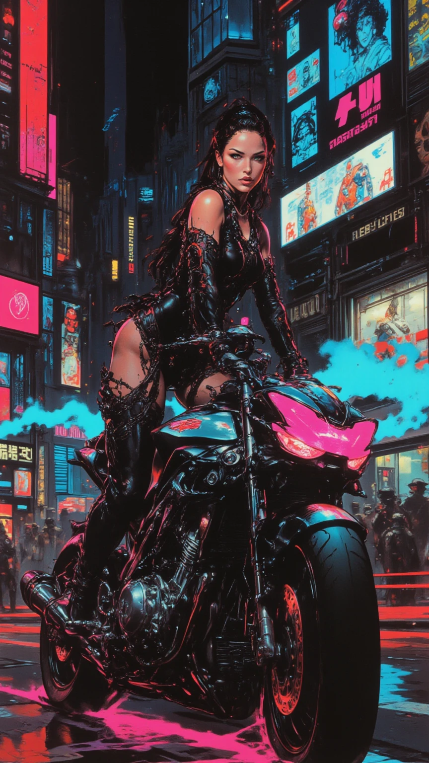 Cyberpunk-style motorcycle, ???? female raider, ??????????, black hair, big ?????, high heels, cybernetic implants, pistol in hand