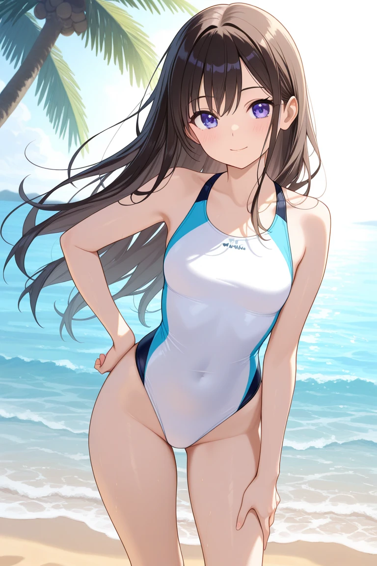 young woman at the beach, wearing a blue one-piece swimsuit, pale skin, strong body, hands on hips, long dark brown hair, hazel eyes