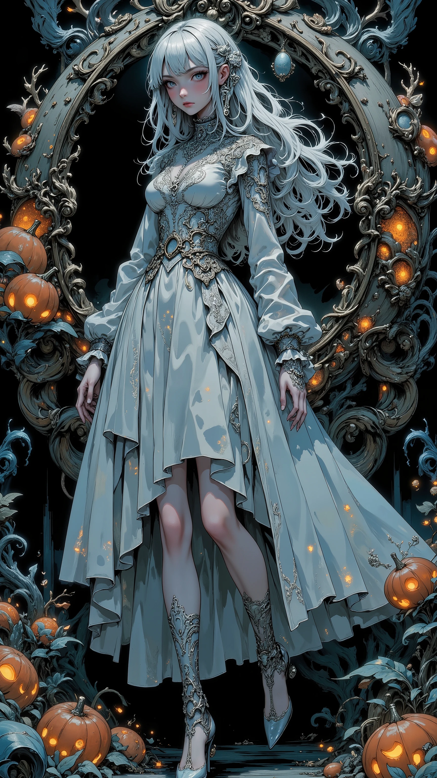 anime portrait of a skeleton, skull face cinderella, she just step down from her pumpkin cart, iconic silver dress, glass heels, Studio Ghibli Dark Fairytale,ntflxcstlvn style,anime screencap,