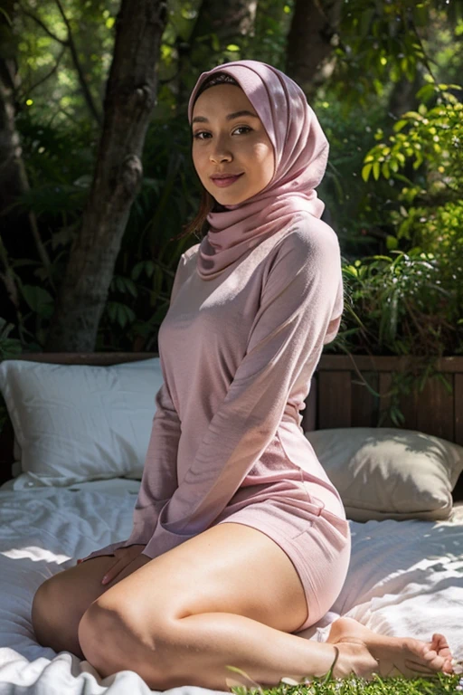 The arabic woman wear hijab and soft nightie sitting on the floor 