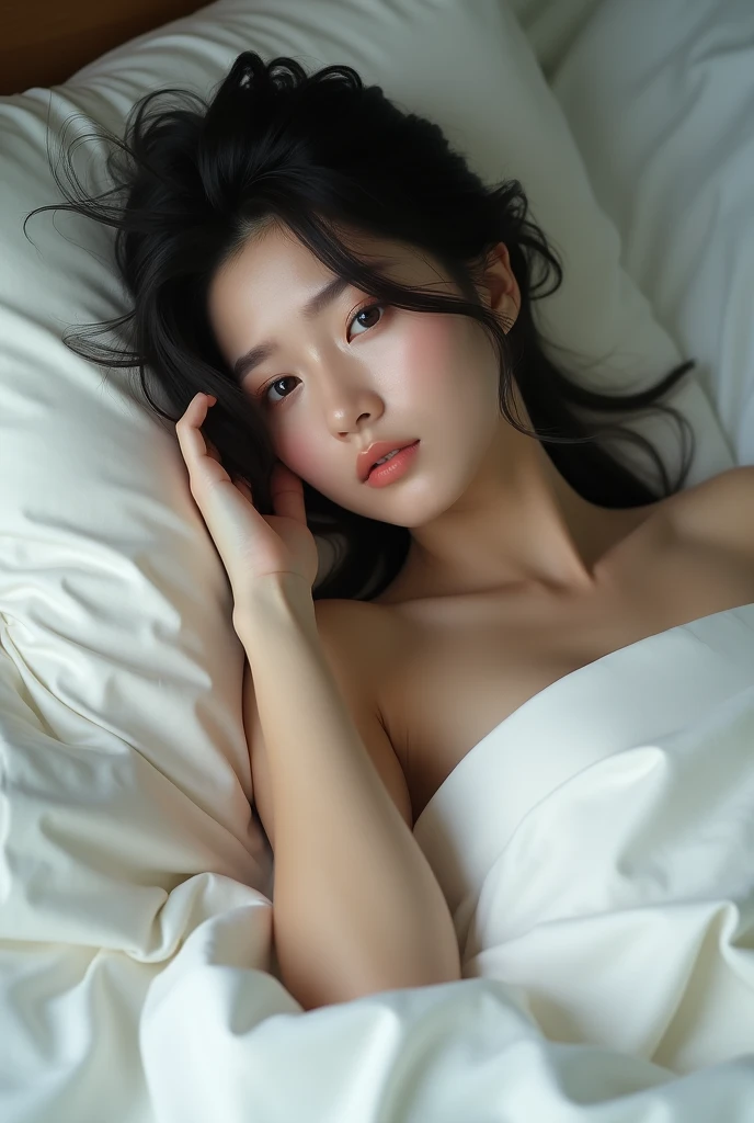 30-year-old female、Beautiful Japanese Women、Long Hair、Lying down、White and beautiful skin、the background is a simple white bed、look up、Big nipples and big boobs、Perfect Fingers、She has a youthful body