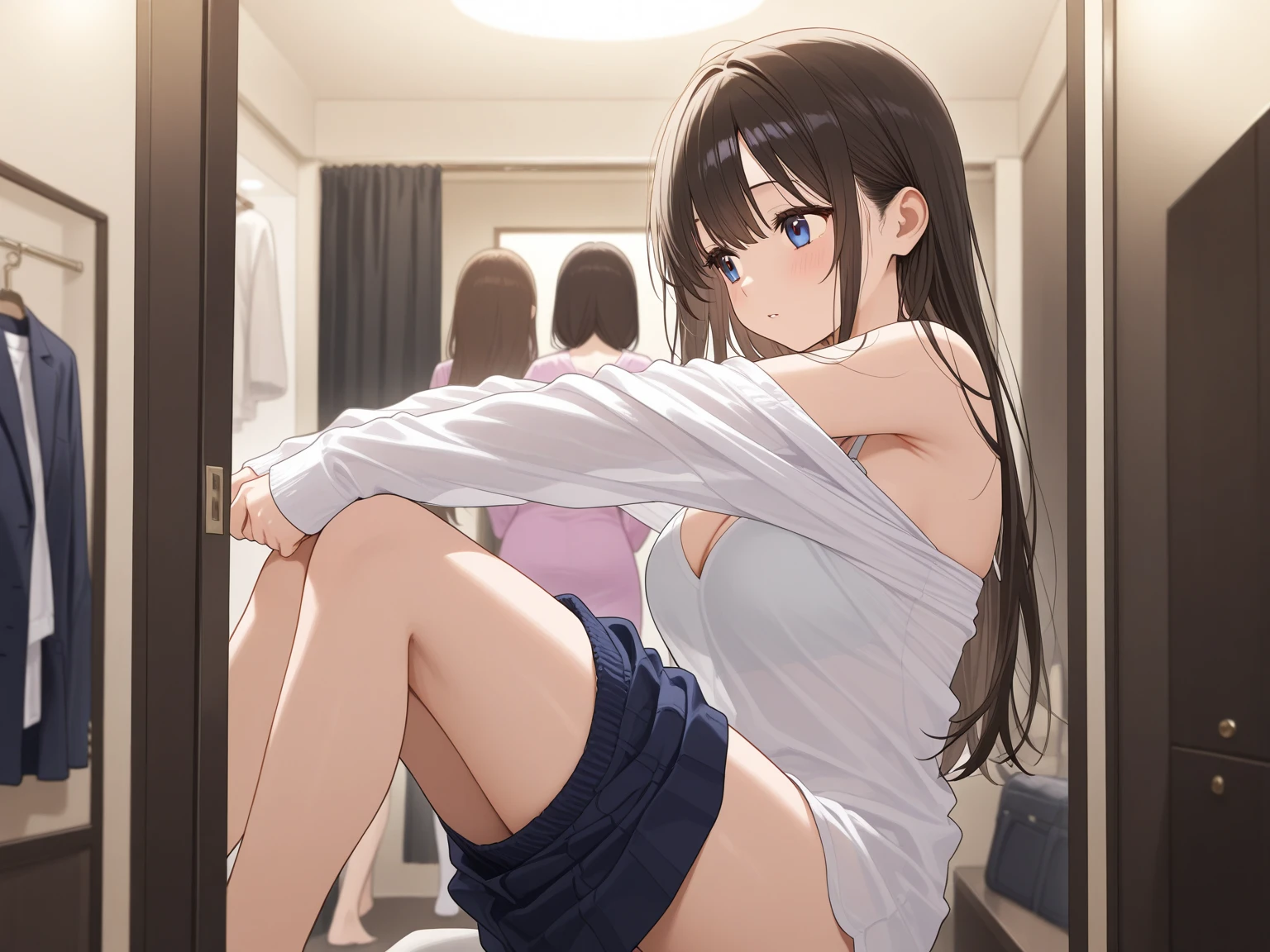 A young woman in a lavender bra and panties set is standing in front of a window. The woman has long brown hair and is looking at the camera with a smile. The image is taken from a slightly low angle.