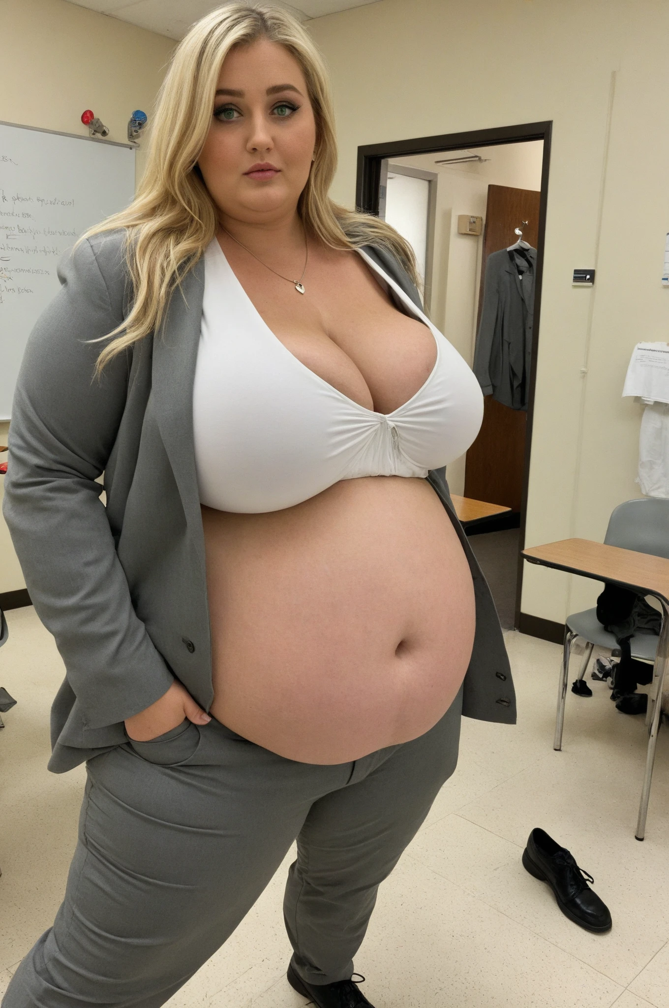 pregnant woman, Portrait of a 45 year old woman with long curly blonde hair, mature body, Mature teacher in the classroom, sexy smile, 8K, detailed background, surreal, realism, school classroom, NSFW, High Neck Teacher Uniform, Teacher's suit, skirt, showing whole body, whole body, big breasts, perfect breasts, View of the observer from above, performance, soft lighting, extreme details, long hair, gothic makeup, sensual figure, curvy model, Very voluptuous body, sensual body, plus size women, attractive plus size model, pregnant woman,