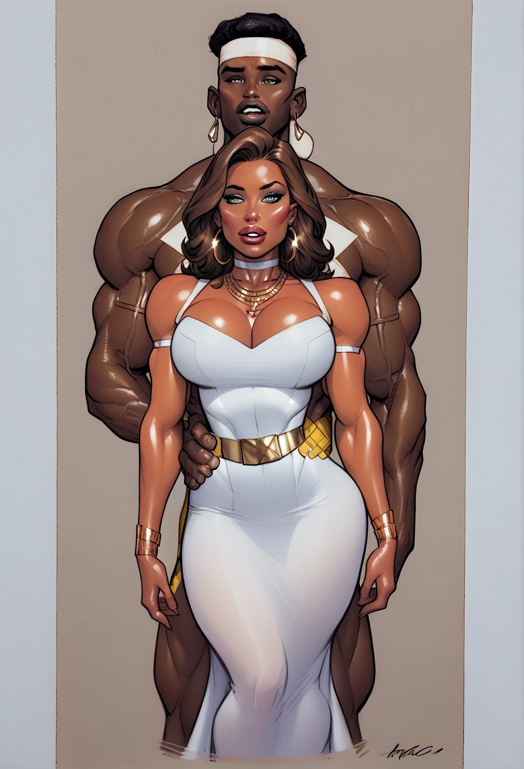 ((masterpiece)),(((best quality))),((character sheet)), ((full body view)) ((black woman)) ((skinhead:1.4)) ((confident pose)) mature face, defined cheekbones, high cheekbones, illustration, girl, muscular, ((bald:1.4)), sexy bimbo, (gigantic breasts:1.7), ((detailed face:1.4)) beautiful woman, (yellow leotard:1.4), (gold hoop earrings:1.6), (thighhighs:1.4) (yellow lips:1.6) , shiny skin, scribbles and marks,(puffy lips:1.5) , rough sketches, 8k,16k, (simple background, white background: 1.3), black color palette, (black skin:1.5)