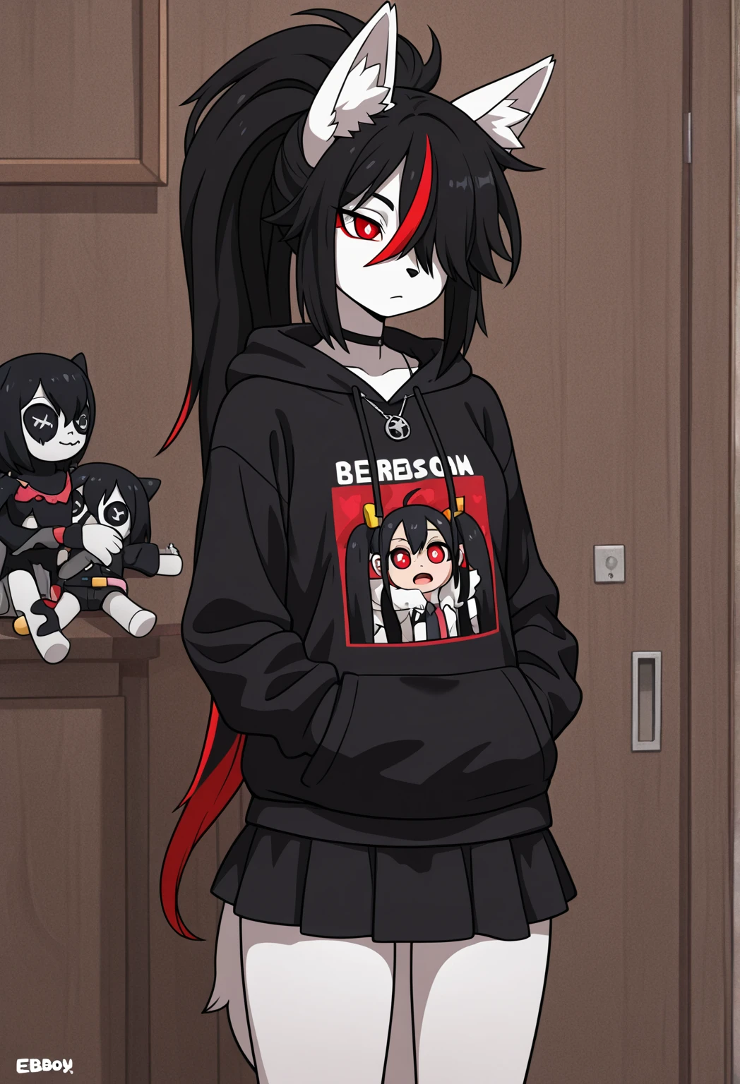 ((best quality)), ((highly detailed)), masterpiece, (detailed eyes, deep eyes), (1girl), different views, cowboy shot, <lora:hairdetailer:.7>, <lora:MeruSkudbutt:1>, MeruSkudbutt, long hair, mole under eye, freckles, medium breasts, parted lips, Canada hoodie, (red hoodie), pleated skirt, thighhighs